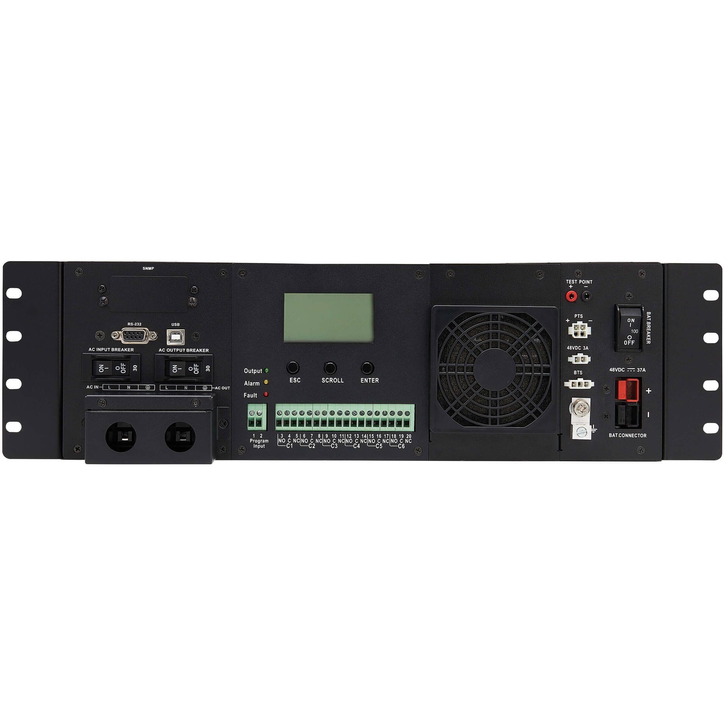 SAMP  
TEST POINT  
RS-232 AC INPUT BREAKER 2 P 0 O AC 1  
USE AC OUTPUT BREAKER 24 H 5 0 a i SCOUT  
Output Alarm Fault  
ESC SCROLL ENTER  
FTS + 4EVDC BTS I  
ON 100 BREAKER 0 OFF 4VDC STA +  
1 i Program Input  
1 I 516 6 ! I 10 11:12 . 14|15 16 17/18 10  NO C NONO NONO NONO C NCINO NC)NO NC at  
BAT CONNECTOR