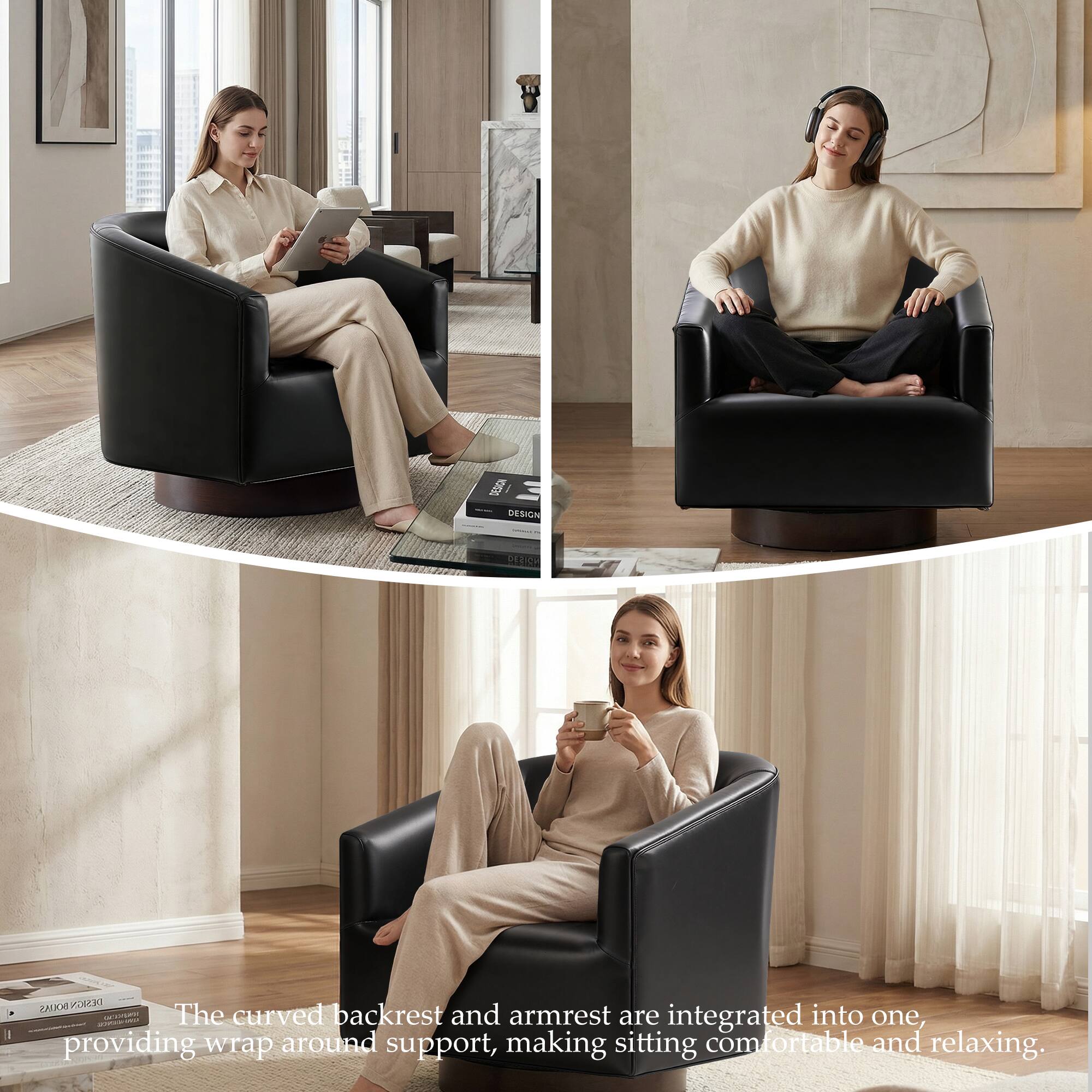 The curved backrest and armrest are integrated into one, providing wrap around support, making sitting comfortable and relaxing.