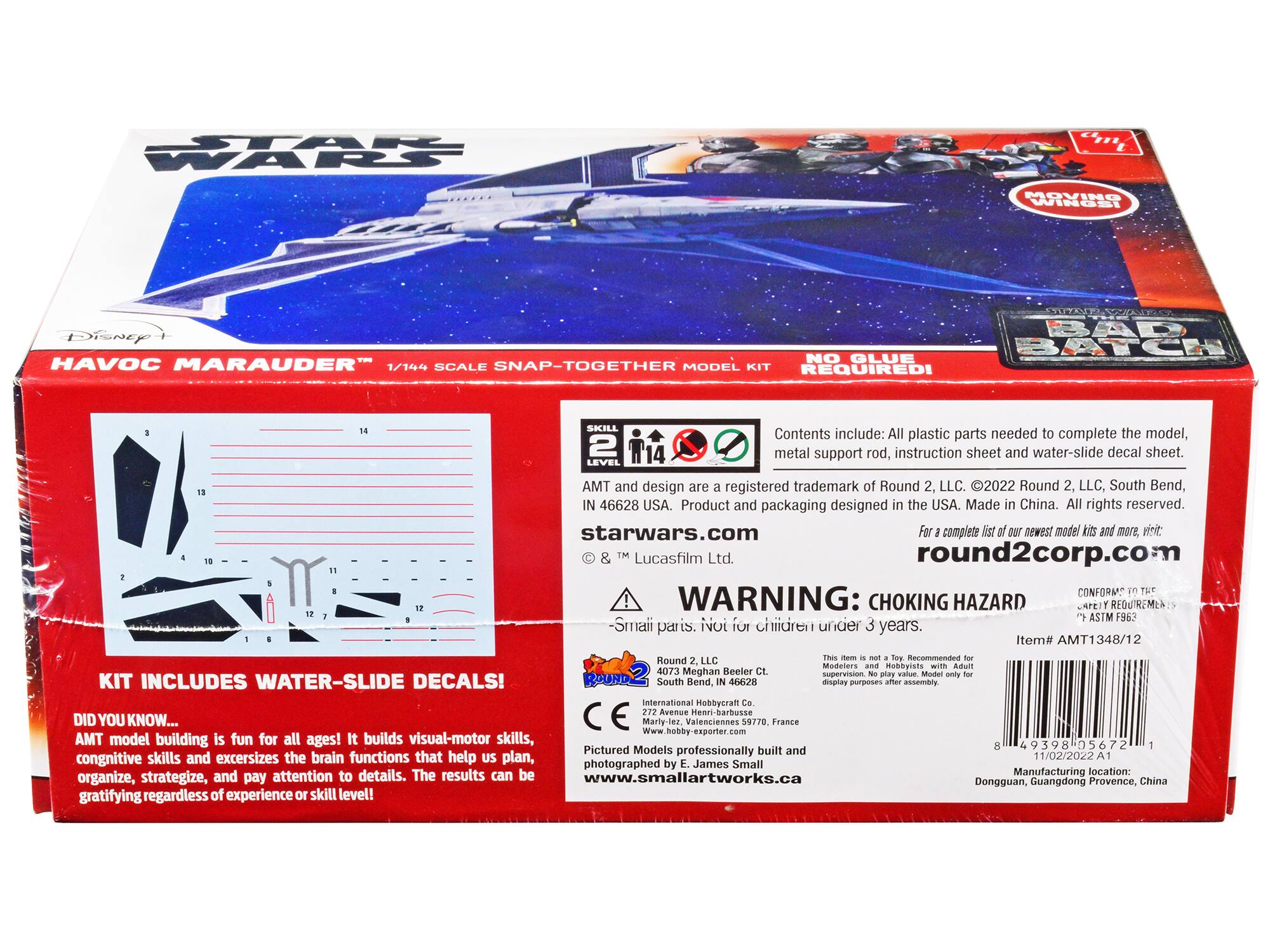 Sure, here is the corrected and grouped text from the image:

---

**STAR WARS**

**HAVOC MARAUDER™ 1/144 SCALE SNAP-TOGETHER MODEL KIT**

**NO GLUE REQUIRED!**

**Contents include:**
- All plastic parts needed to complete the model
- 2 metal support rod
- Instruction sheet
- Water-slide decal sheet

**SKILL LEVEL 2**

**AMT and design are registered trademarks of Round 2, LLC. ©2022 Round 2, LLC, South Bend, IN 46628 USA.**

**Product and packaging designed in the USA. Made in China. All rights reserved.**

**starwars.com**

**round2corp.com**

**CONFORM WARNING: CHOKING HAZARD - Small parts. Not for children under 3 years.**

**Item# AMT1348/12**

**ROUND 2, LLC**

**4073 Meghan Beeler Ct. South Bend, IN 46628 USA**

**International Hobbycraft Co.**
**Marily-lez Valenciennes 59778 France**

**www.smallartworks.ca**

**P