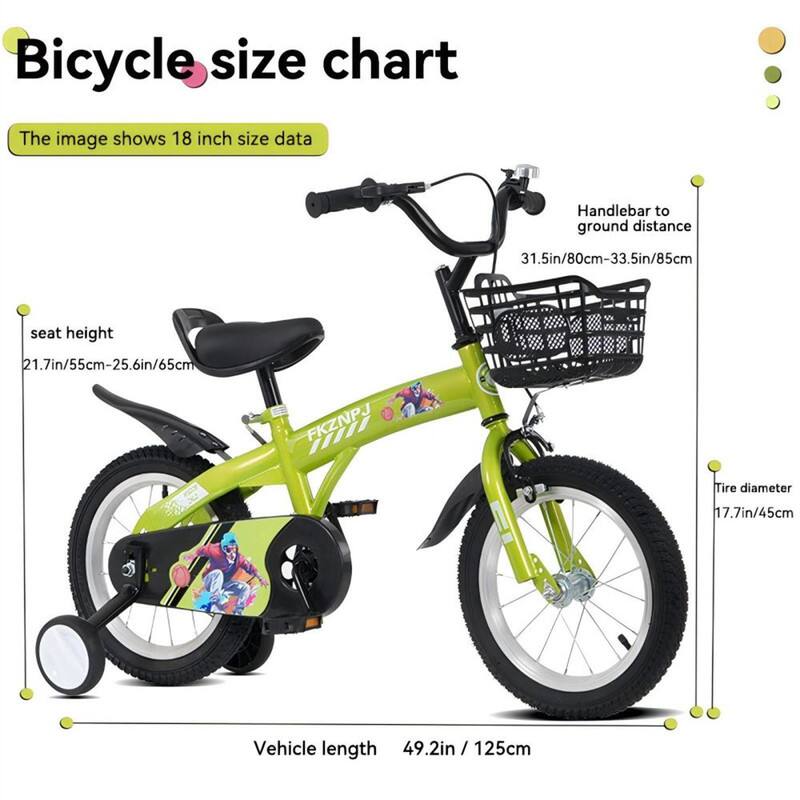Bicycle size chart

The image shows 18 inch size data

- Handlebar to ground distance: 31.5in/80cm - 33.5in/85cm
- Seat height: 21.7in/55cm - 25.6in/65cm
- Tire diameter: 17.7in/45cm
- Vehicle length: 49.2in / 125cm