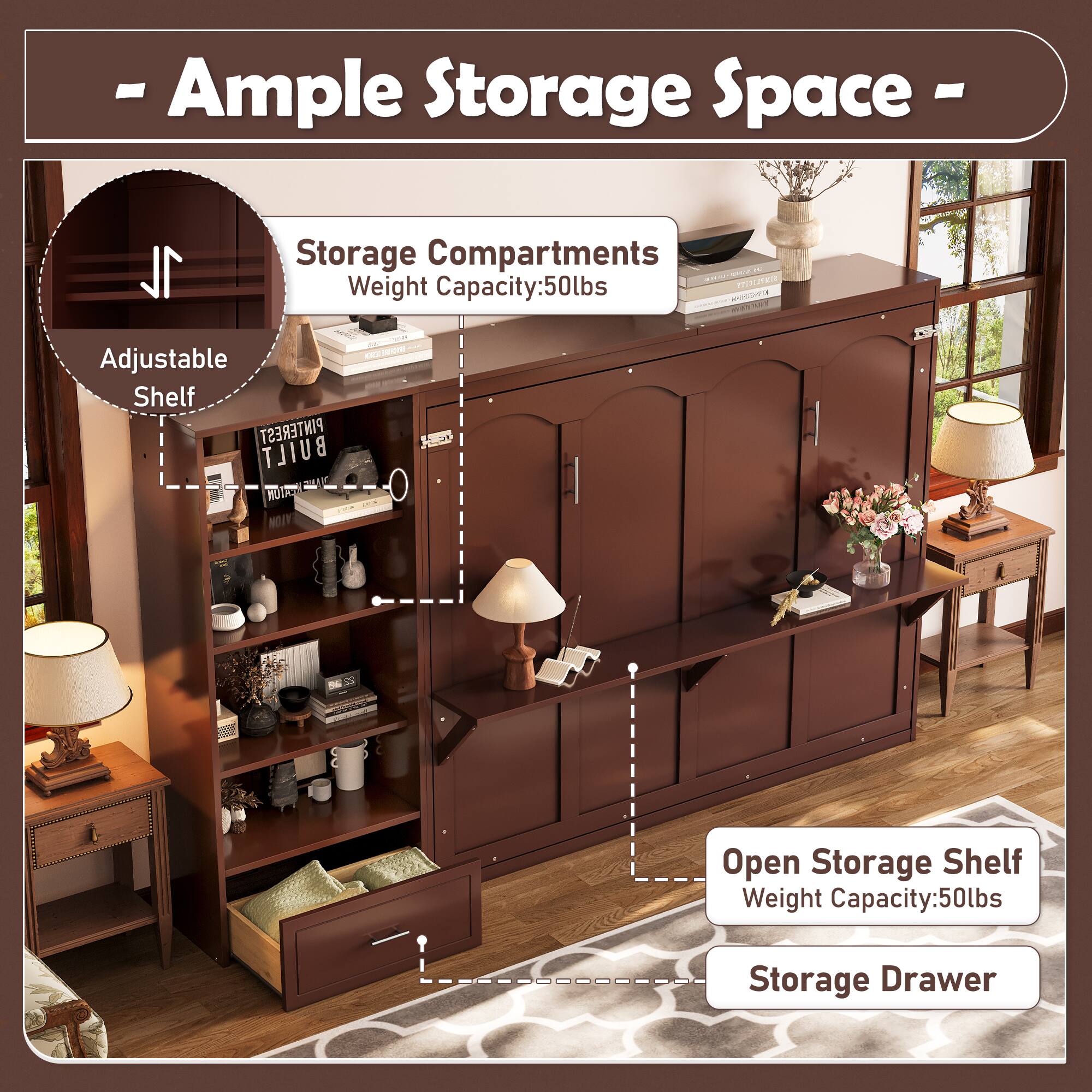 - Ample Storage Space
- Storage Compartments
- Weight Capacity: 50lbs
- Adjustable Shelf
- Open Storage Shelf
- Weight Capacity: 50lbs
- Storage Drawer