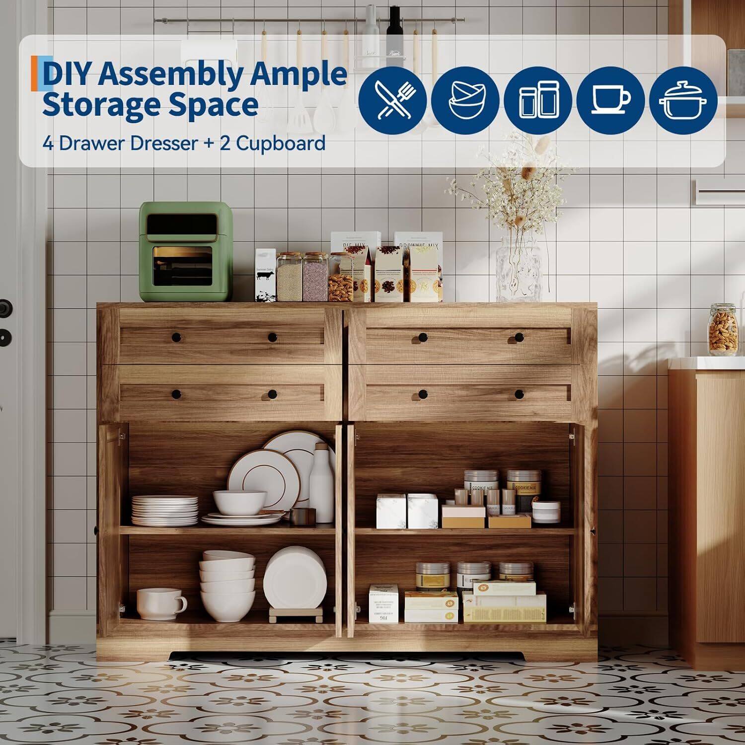 DIY Assembly Ample Storage Space  
4 Drawer Dresser + 2 Cupboard