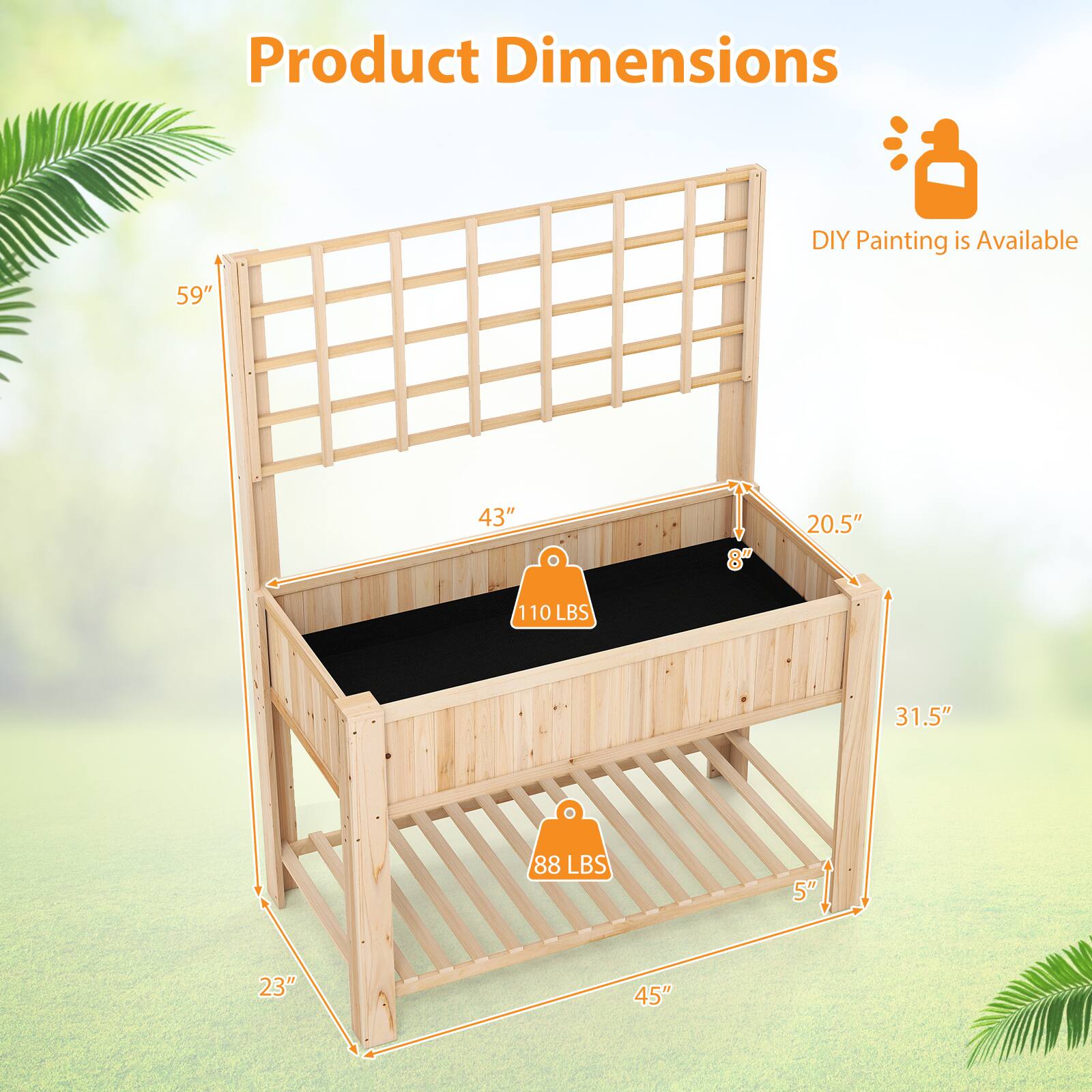Product Dimensions

DIY Painting is Available

- Height: 59"
- Width: 43"
- Depth: 20.5"
- Weight Capacity: 110 LBS
- Lower Shelf Height: 31.5"
- Lower Shelf Depth: 5"
- Lower Shelf Width: 45"
- Overall Width: 23"
