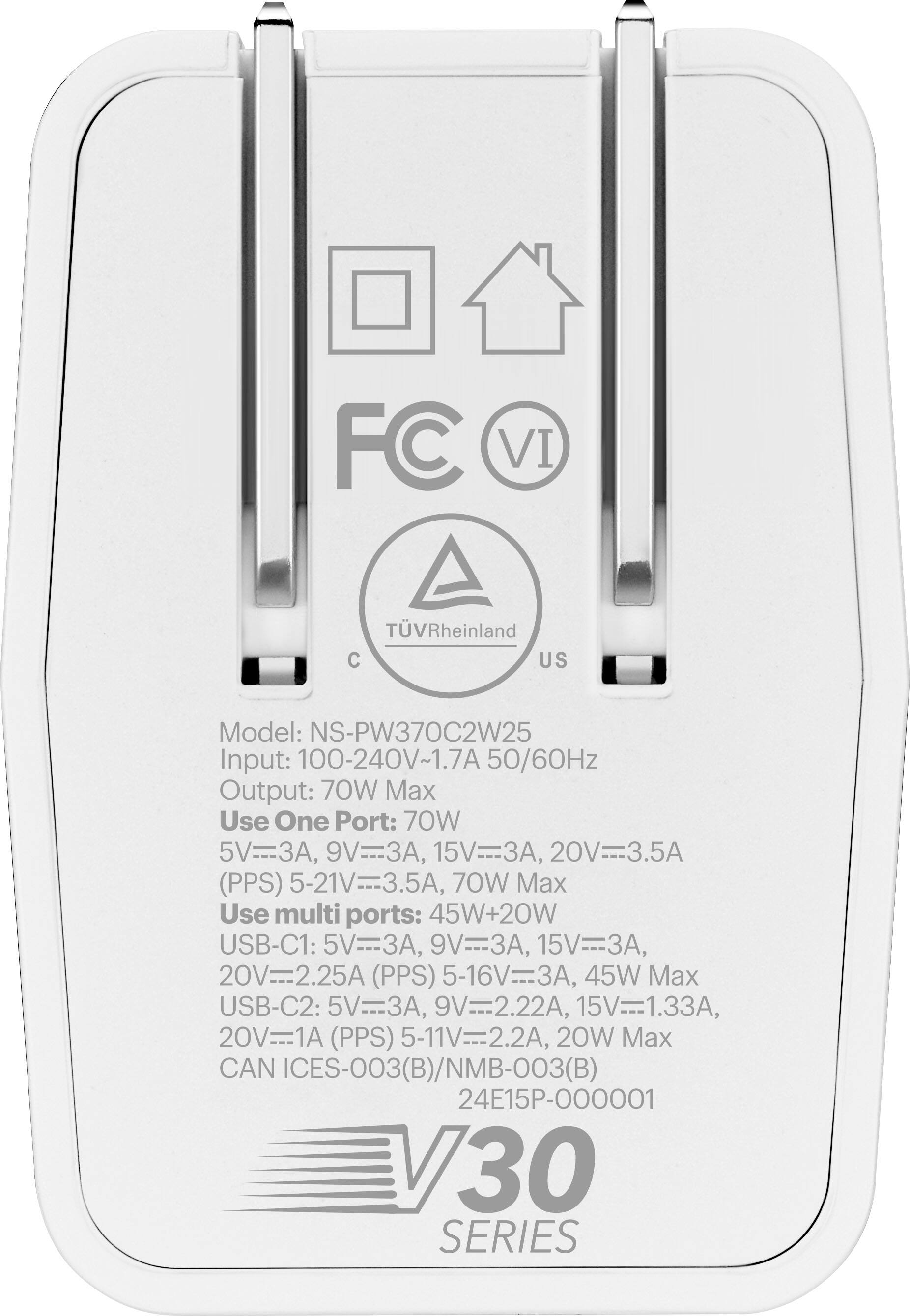 The text on the image reads:

"FC VI TVRheinland C US Model: NS-PW370C2W25 Input: 100-240V~1.7A 50/60Hz Output: 70W Max Use One Port: 70W 5V=-3A, 9V=3A, 15V=-3, 20V=3.5A (PPS) 5-21V=-3.5A, 70W Max Use multi ports: 45W+20W USB-C1: 5V=--3A, 9V=-3A, 15V=3, 20V=2.25A (PPS) 5-16V=-3A, 45W Max USB-C2: 5V=3A, 9V=2.22A, 15V=1.33A, 20V=1A (PPS) 5-11V=2.2A, 20W Max CAN ICES-003(B)/NMB-003(B) 24E15P-000001 V30 SERIES"

The text is grouped and corrected as follows:

1. "FC VI TVRheinland C US Model: NS-PW370C2W25 Input: 100-240V~1.7A 50/60Hz Output: 70W Max Use One Port: 70W 5V=-3A, 9V=3A, 15V=-3, 20V=3.5A (PPS) 5-21V=-3.5A, 70W Max Use multi ports: 45W+20W USB-C1: 5V=--3A, 9V=-3A, 15V=3, 20V=2.25A (PPS) 5-16V=-3A, 45W Max USB-C2: 5V=3A, 9V=2.22A, 15V=