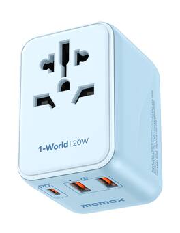 Momax - Universal Travel Adapter 20W+18W, International Plug Adapter with 2 USB-A & 1 USB C PD Fast Charging 1 AC - Blue