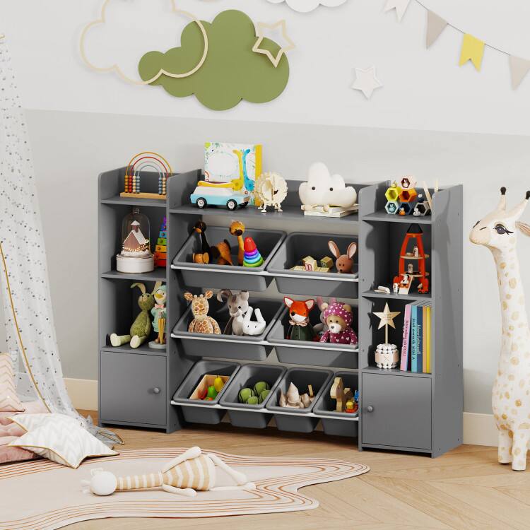 Angle. SlickBlue - Kids Toy Organizer with 8 Bins and Bookshelf for Bedroom or Playroom - Grey.