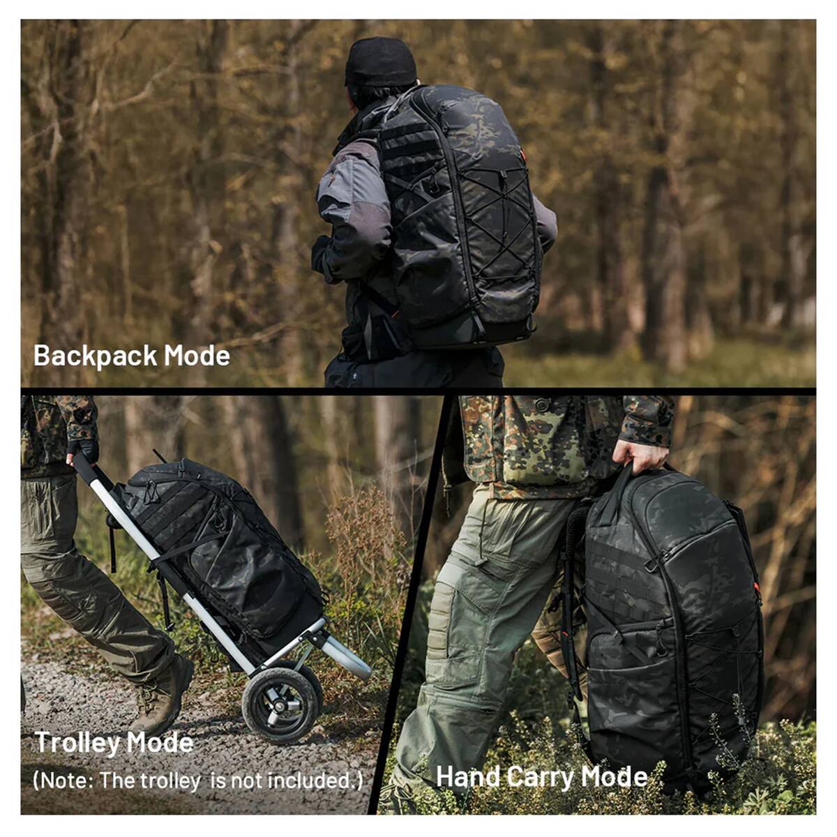 Backpack Mode

Trolley Mode
(Note: The trolley is not included.)

Hand Carry Mode