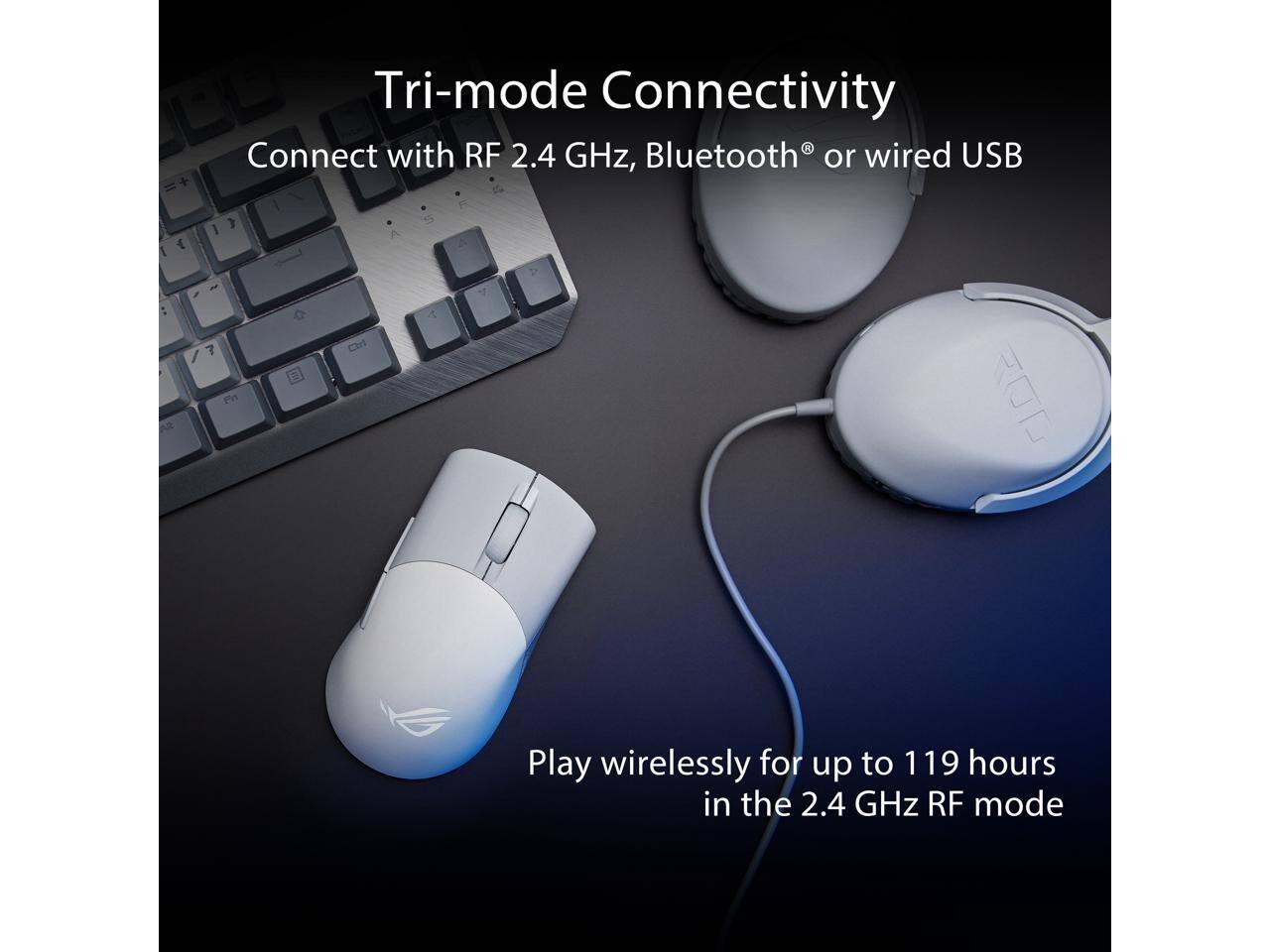 Tri-mode Connectivity  
Connect with RF 2.4 GHz, Bluetooth® or wired USB  

Play wirelessly for up to 119 hours in the 2.4 GHz RF mode