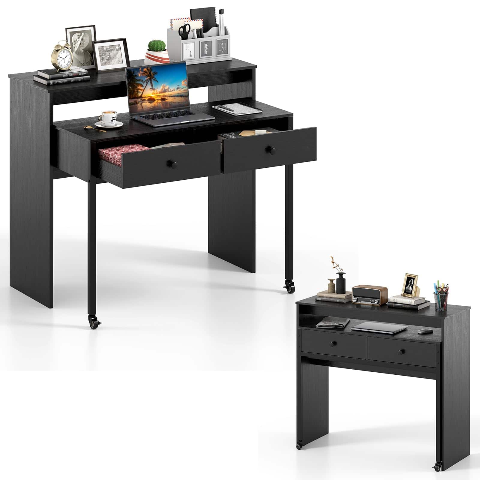 Ecooso - Extendable Computer Desk with 2 Drawers, Convertible Rolling Study Desk, Space-Saving Design - Black