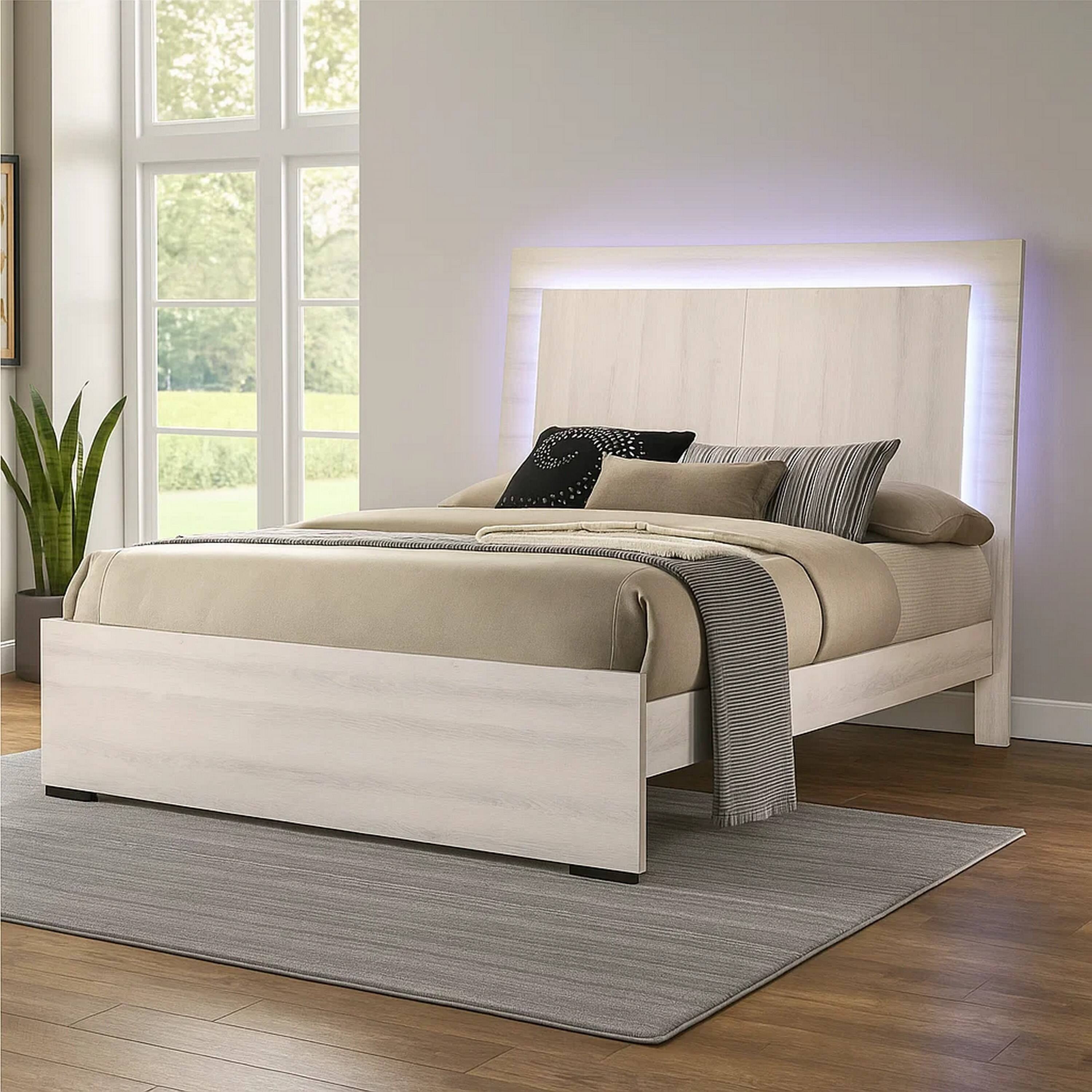 Alt View 5. Manhattan Lane - Hyao Queen Size Bed w LED on Headboard, Antique White Wash Finsih - White Wash.