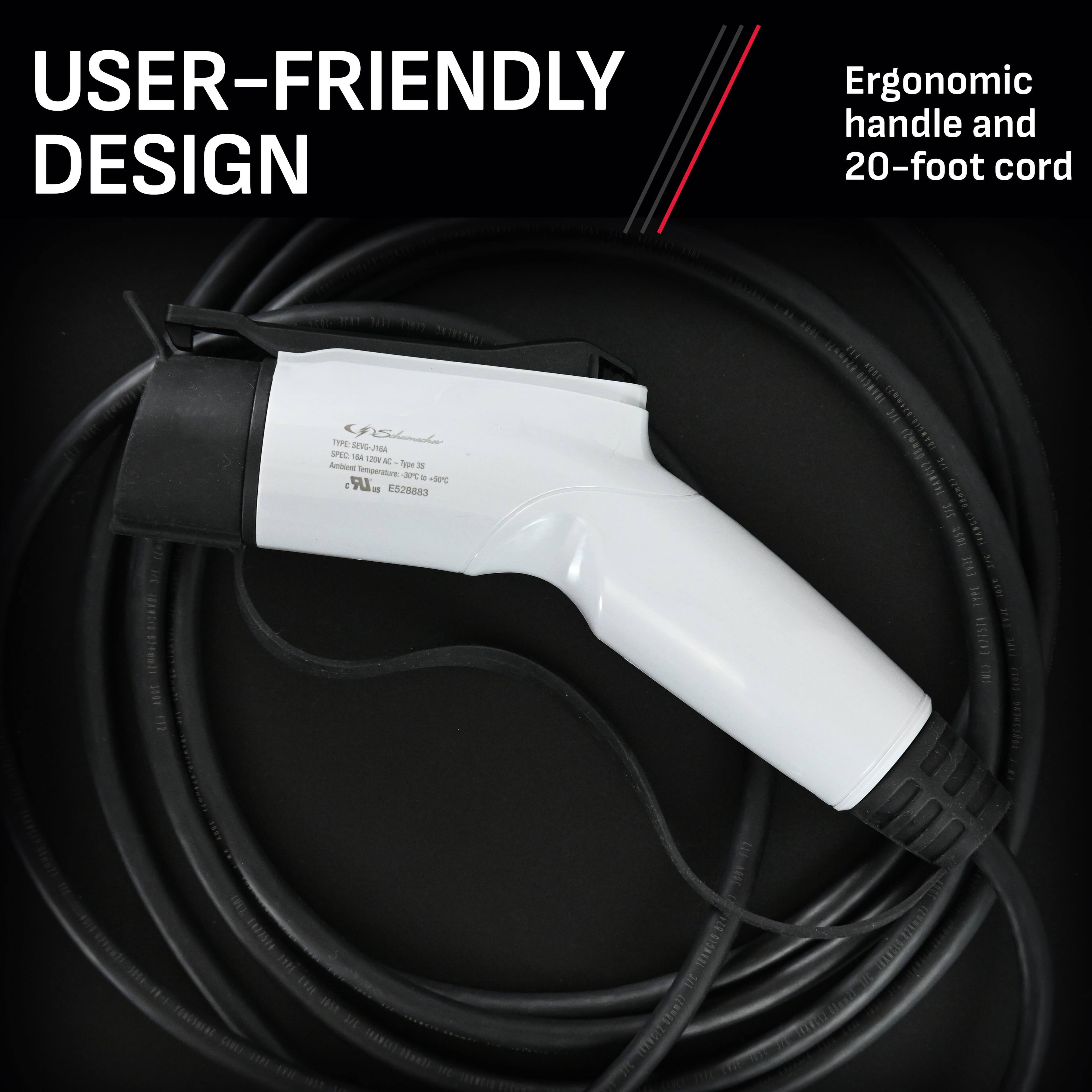 The text on the image reads: "USER-FRIENDLY Ergonomic handle and design 20-foot cord."