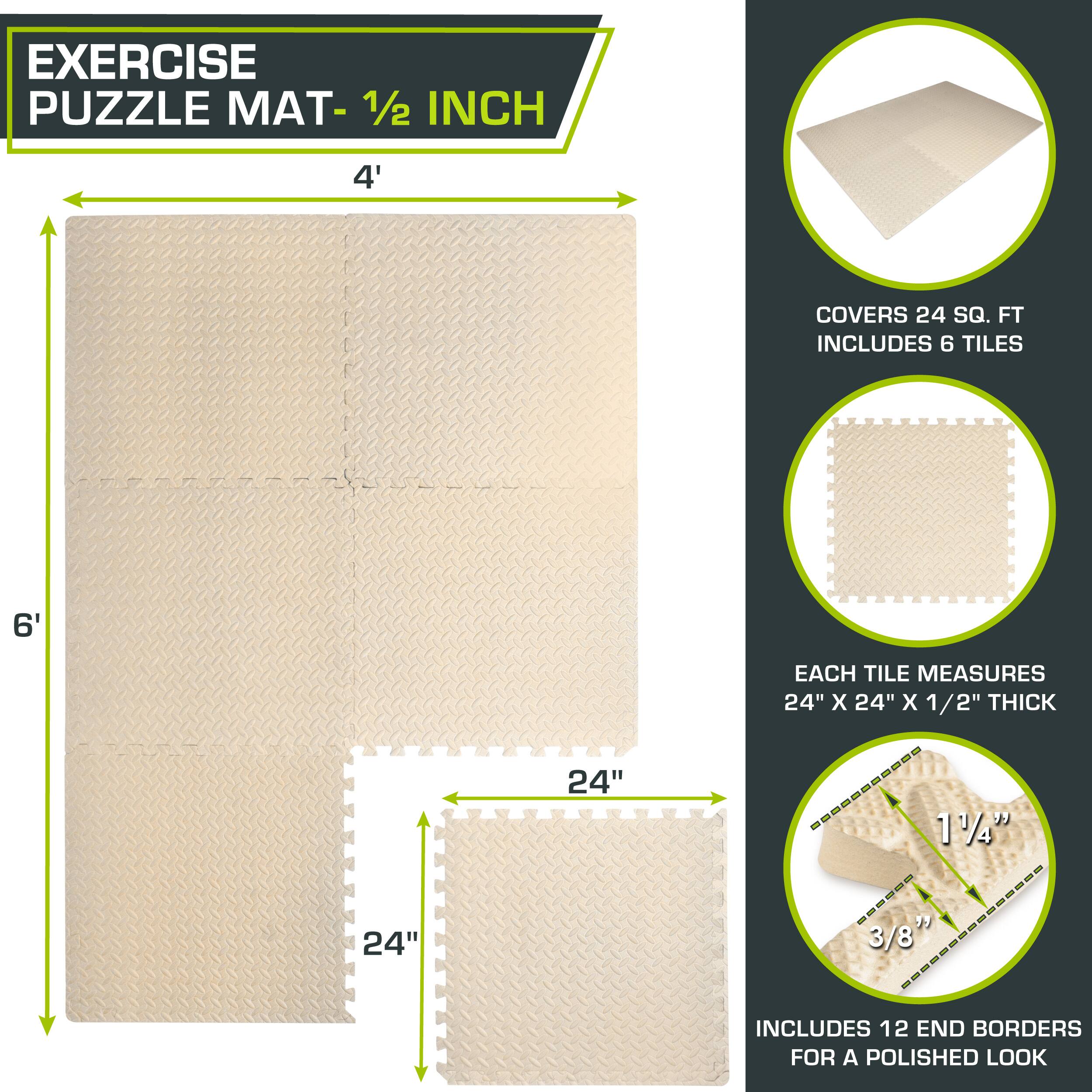 Exercise Puzzle Mat - 1/2 inch, 4' covers 24 sq. ft. Includes 6 tiles, each measuring 24" x 24" x 1/2" thick. Features 1 1/4" overlap and 3/8" width. Includes 12 end borders for a polished look.