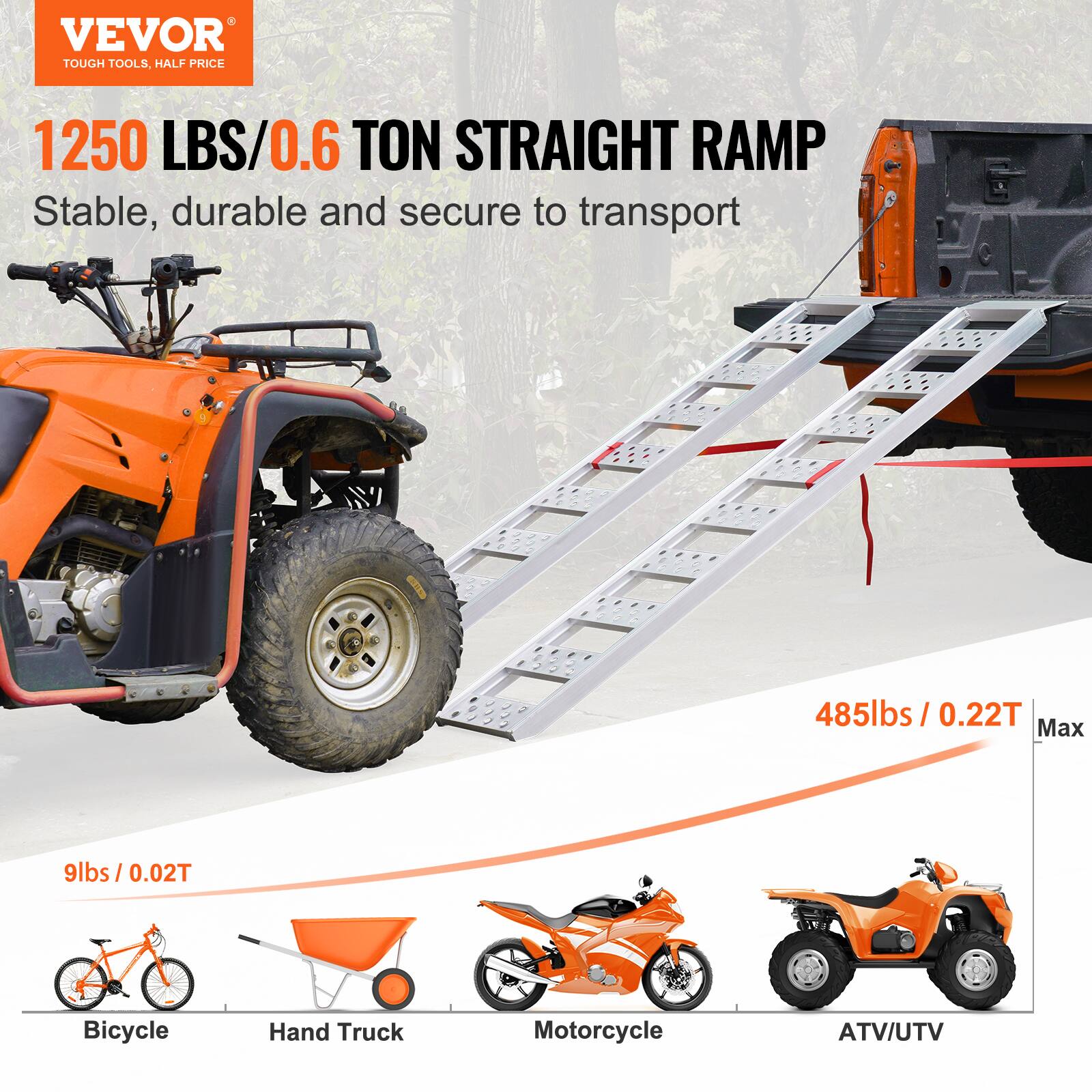 VEVOR  
TOUGH TOOLS, HALF PRICE  

1250 LBS/0.6 TON STRAIGHT RAMP  
Stable, durable and secure to transport  

485lbs / 0.22T Max  

9lbs / 0.02T  

Bicycle  
Hand Truck  
Motorcycle  
ATV/UTV
