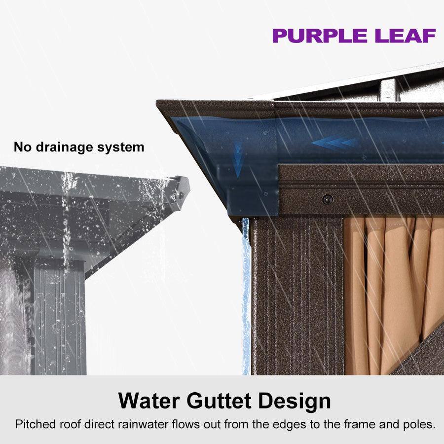 PURPLE LEAF

No drainage system

Water Gutter Design

Pitched roof direct rainwater flows out from the edges to the frame and poles.