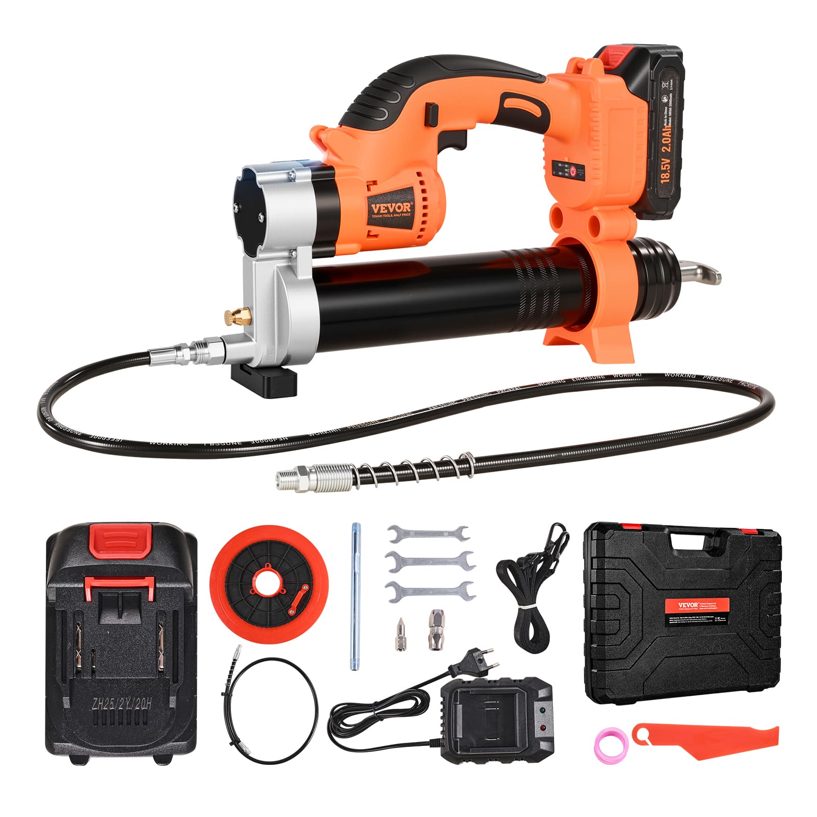 VEVOR - Cordless Grease Gun, 8000 PSI Max Pressure, 20V Electric Grease Gun with 2.0 Ah Battery & LED Light, 30-inch Long Hose - Black;Orange