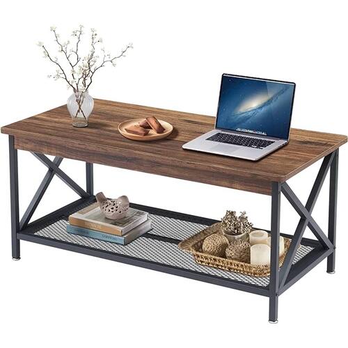 Back. SlickBlue - Metal and Wood Coffee Table with Modern Classic Style and Lower Shelf - Brown.