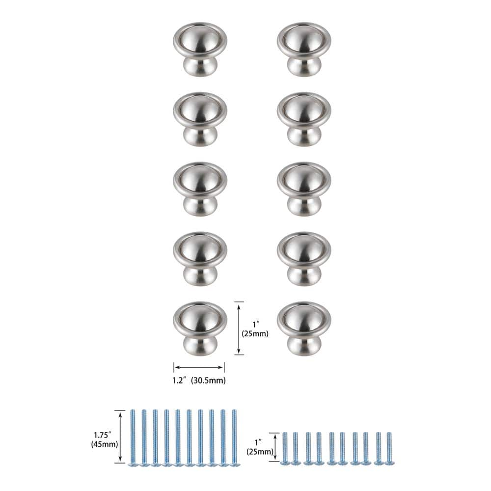 Elegant Decor - Kadea 1.2" Diameter Mushroom Knob Multipack (Set of 10) - Brushed Nickel