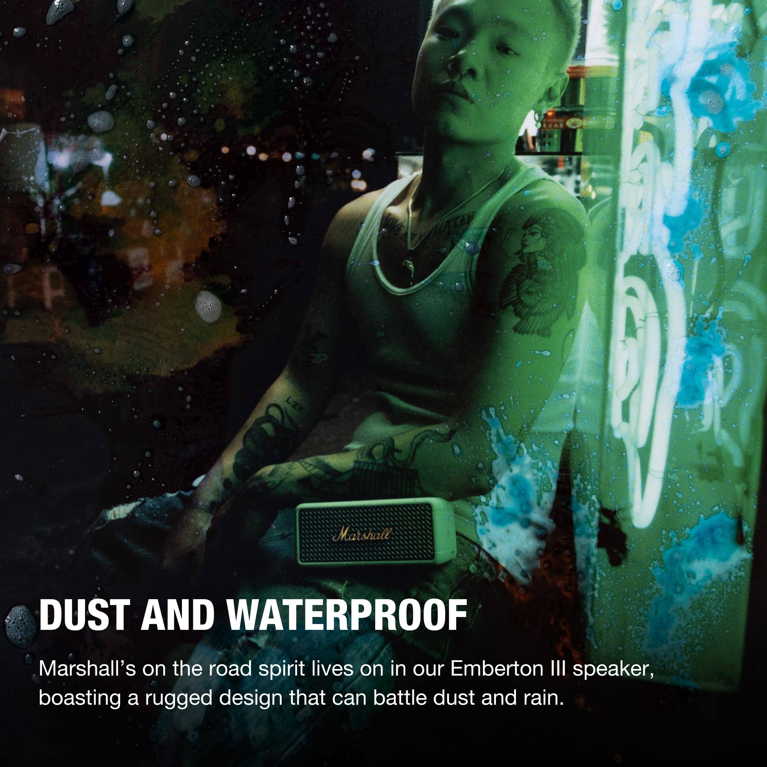 Marshall Dust and Waterproof: Marshall's on the road spirit lives on in our Emberton III speaker, boasting a rugged design that can battle dust and rain.