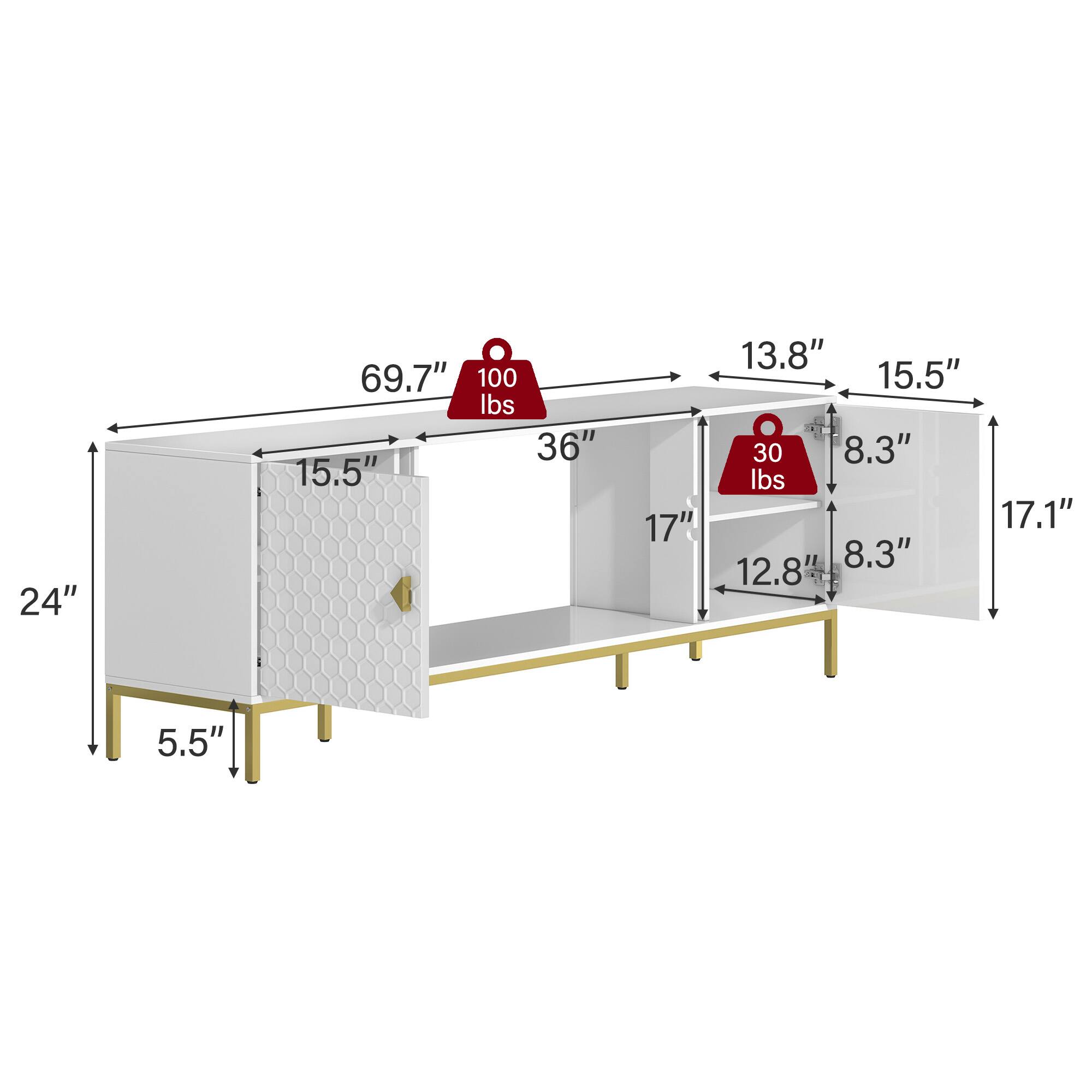 - 24"
- 69.7"
- 100 lbs
- 36"
- 15.5"
- 17"
- 13.8"
- 15.5"
- 30 lbs
- 8.3"
- 17.1"
- 8.3"
- 12.8"
- 5.5"