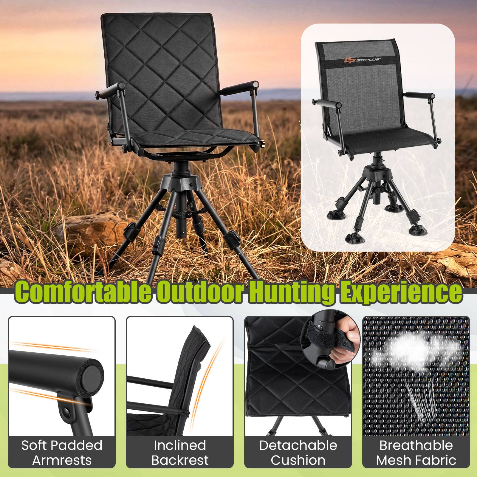 GOPLUS'  
Comfortable Outdoor Hunting Experience  
Soft Padded Armrests  
Inclined Backrest  
Detachable Breathable Cushion Mesh Fabric