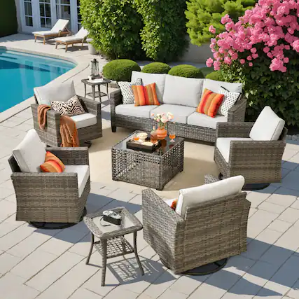 Front. Ovios - 8 PCS Patio Furniture Sofa Set with Swivel Chairs, Coffee Table & Side Table for Porch - Gray.