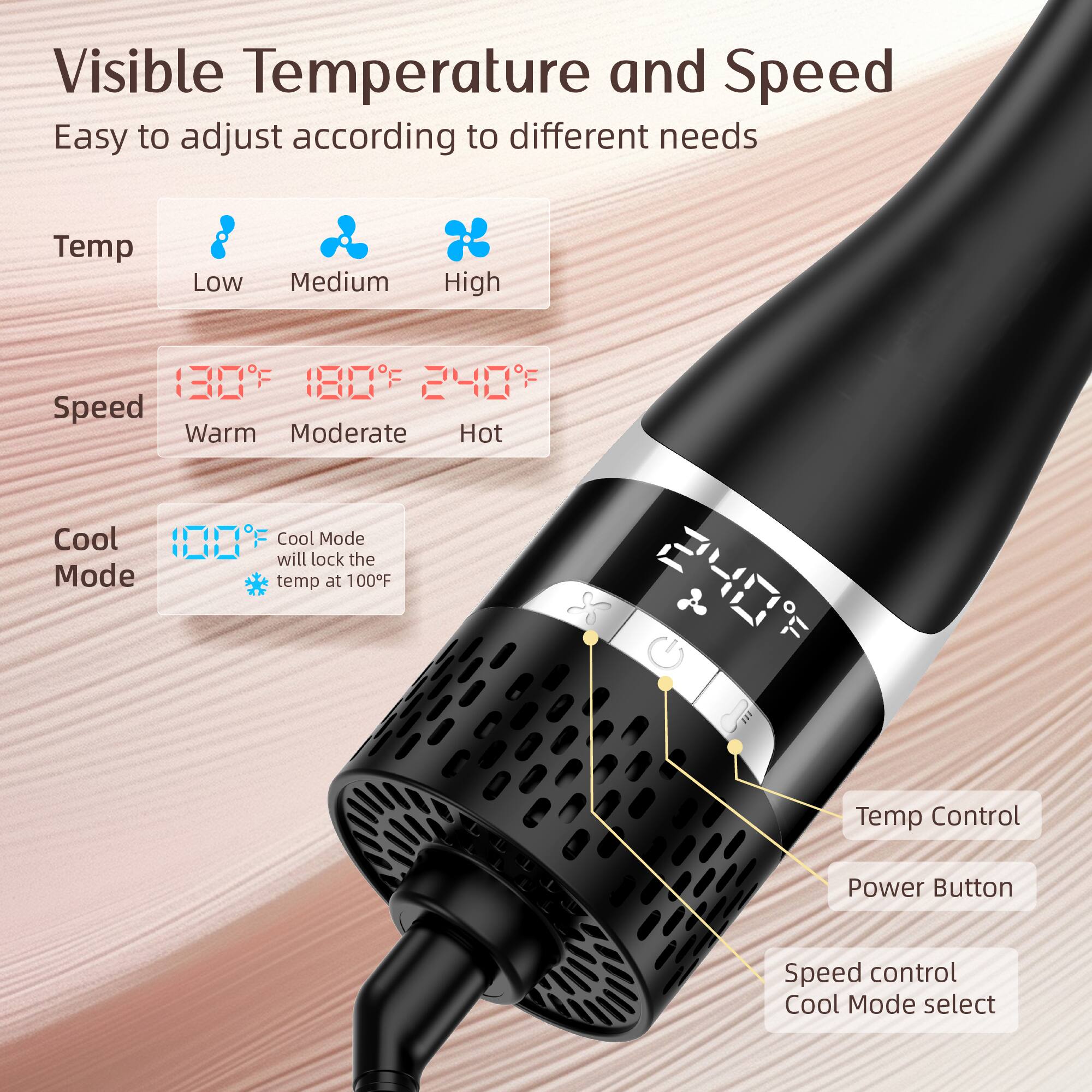 Visible Temperature and Speed  
Easy to adjust according to different needs  

Temp  
Low Medium High  

Speed  
Warm Moderate Hot  

Cool Mode  
100°F Cool Mode will lock the temp at 100°F  

Temp Control  
Power Button  
Speed control Cool Mode select