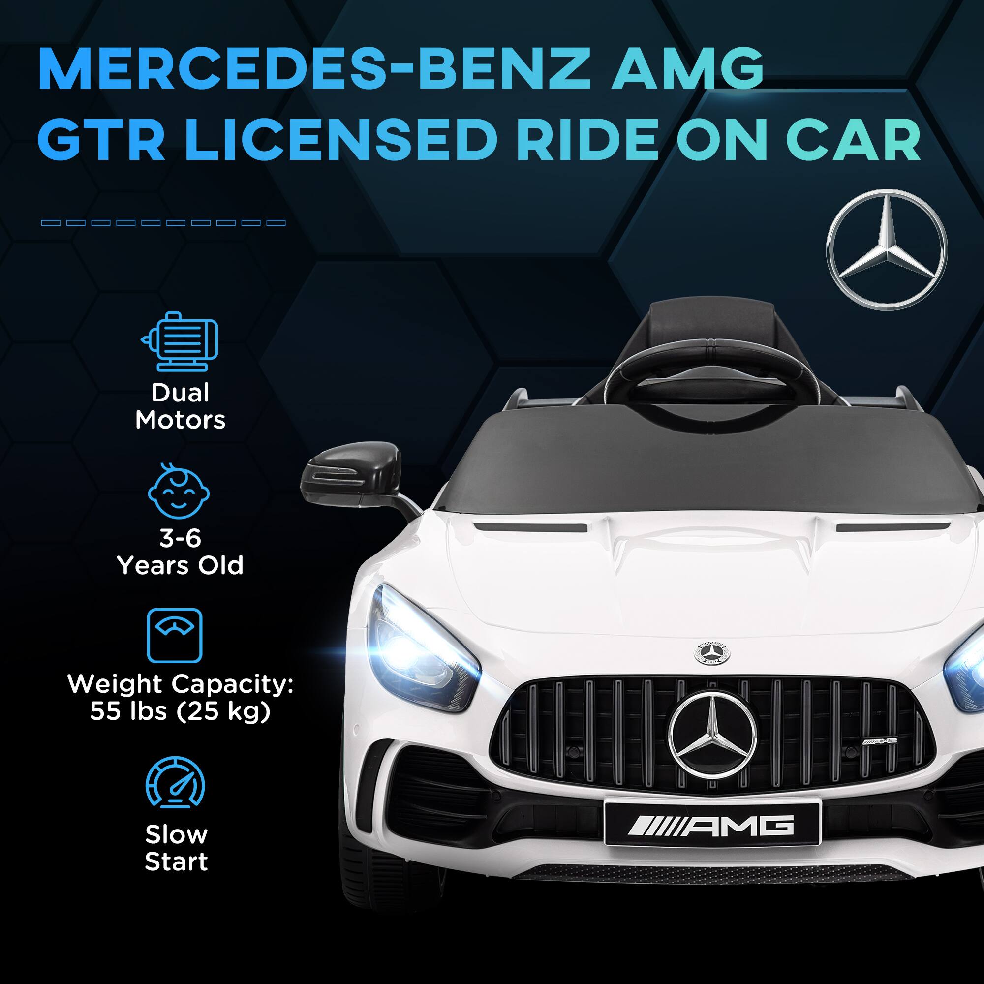 MERCEDES-BENZ AMG GTR LICENSED RIDE ON CAR

- Dual Motors
- 3-6 Years Old
- Weight Capacity: 55 lbs (25 kg)
- Slow Start