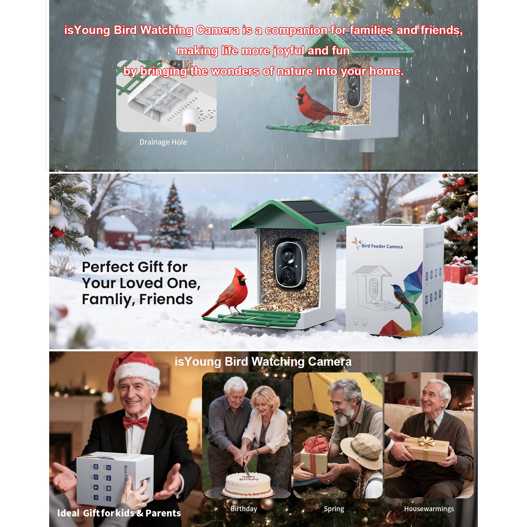 isYoung Bird Watching Camera is a companion for families and friends, making life more joyful and fun by bringing the wonders of nature into your home.

Perfect Gift for Your Loved One, Family, Friends

isYoung Bird Watching Camera

Ideal Gift for Kids & Parents

Birthday

Spring

Housewarmings