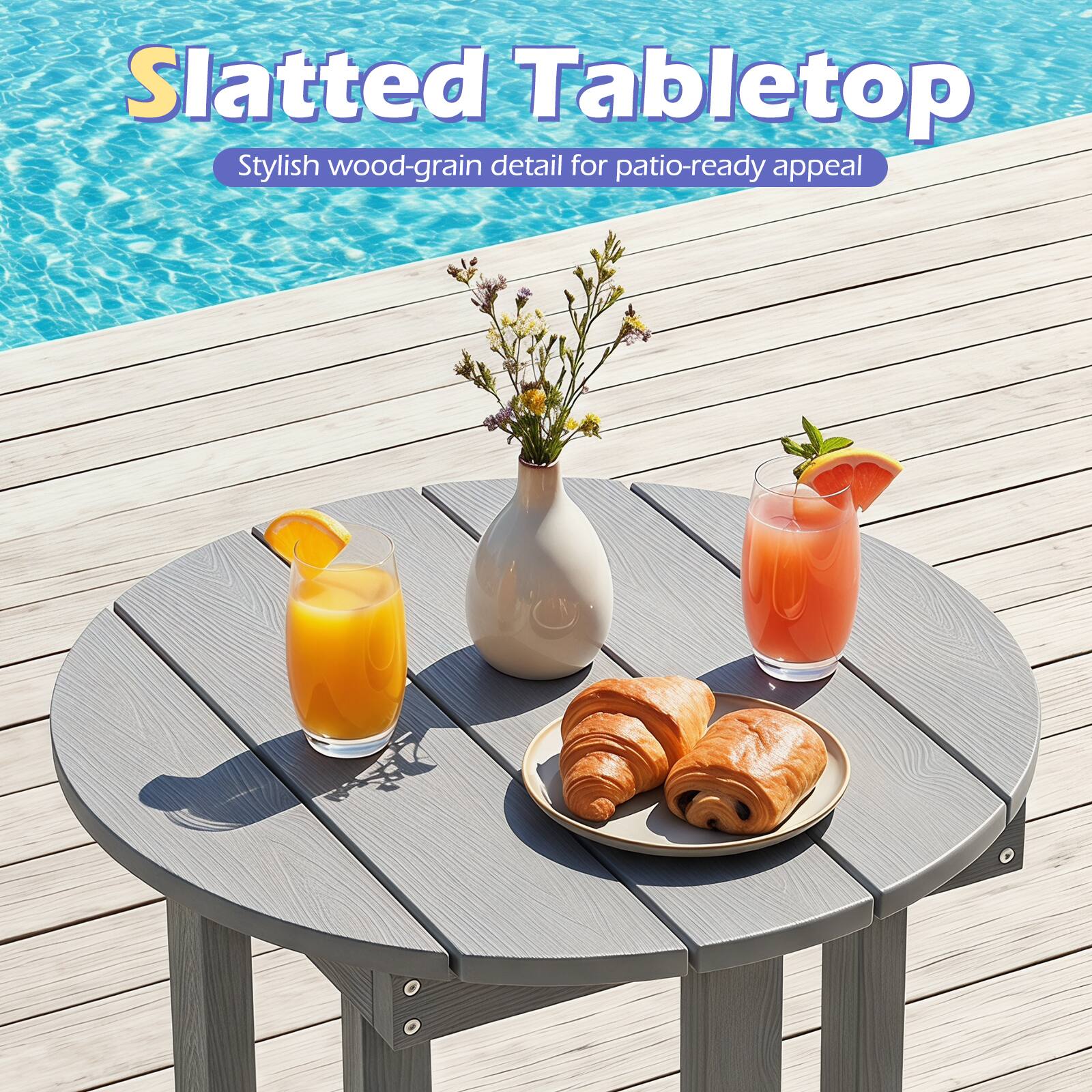 Slatted Tabletop  
Stylish wood-grain detail for patio-ready appeal
