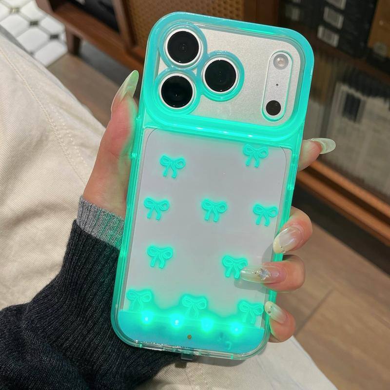 Alt View 1. Furno Fusion - iPhone 17 Pro Max Glowing Bow Case, Sound-Activated Light, Cartoon Hollow Protective Cover with Butterfly Knot - Translucent-Blue.
