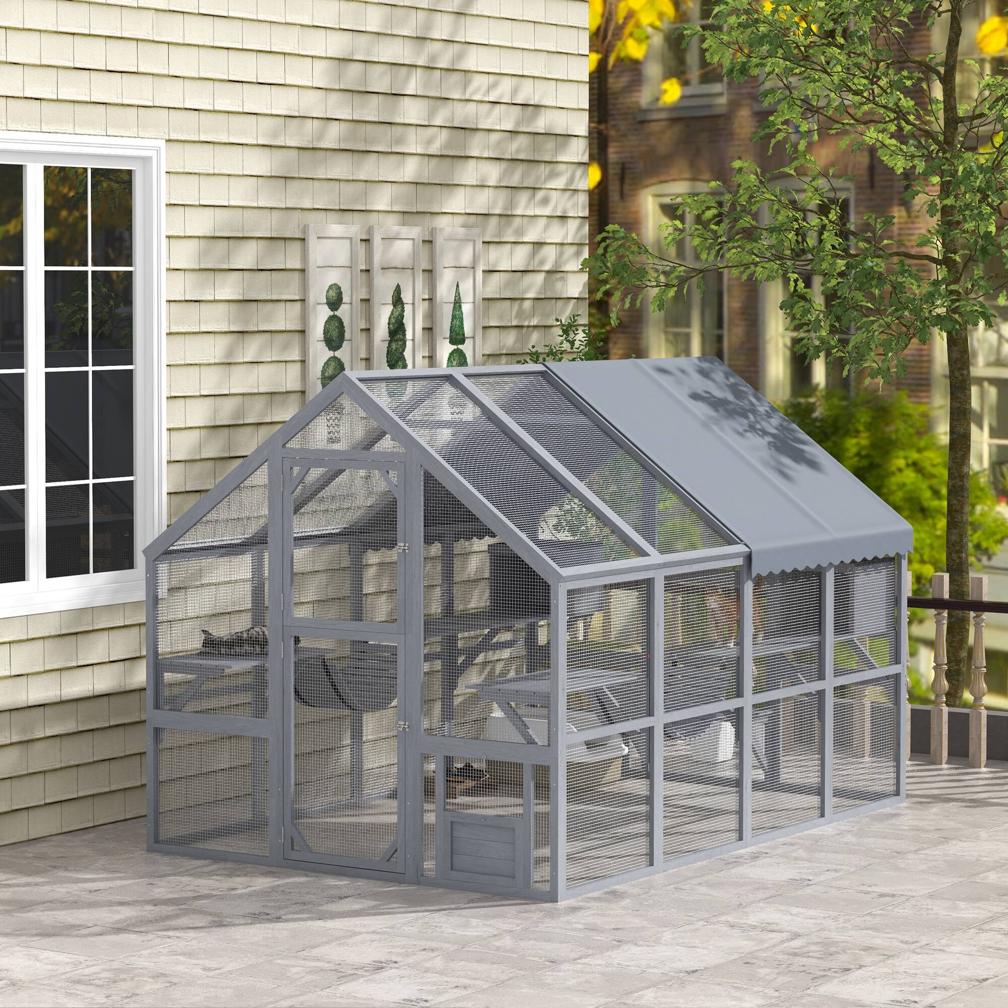 Alt View 1. Pawhut - Catio Outdoor Cat Enclosure with Waterproof Cover, 2 Condos, 6 Platforms, Bridge.