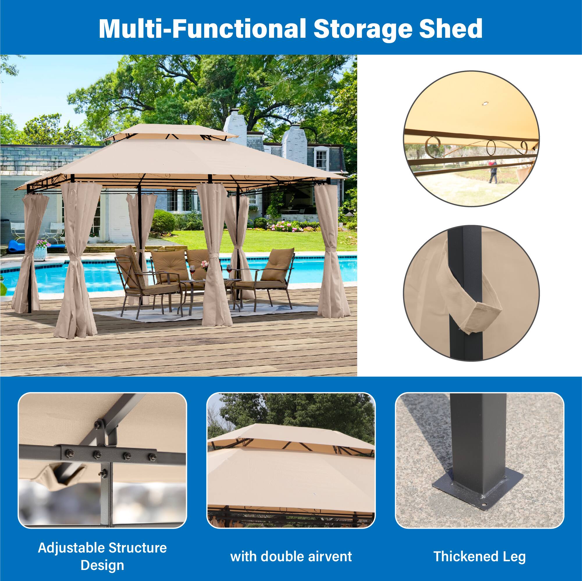 Multi-Functional Storage Shed

Adjustable Structure Design

with double airvent

Thickened Leg