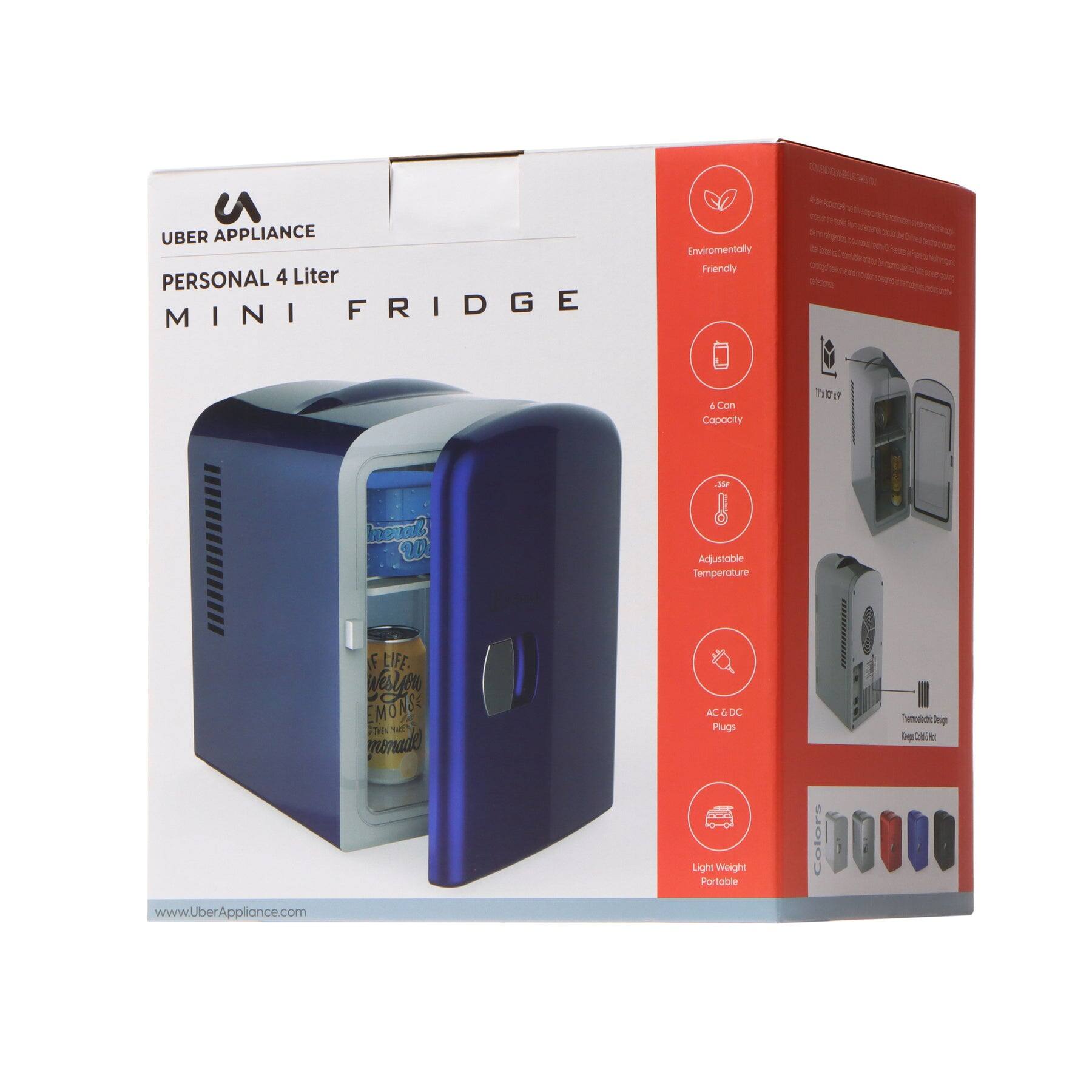 UBER APPLIANCE PERSONAL 4 Liter MINI FRIDGE Environmentally Friendly 6 Con Capacity Adjustable Temperature AC & DC Plugs Light Weight Portable Colors | Thermal Design Keeps Cold www.UberAppliance.com