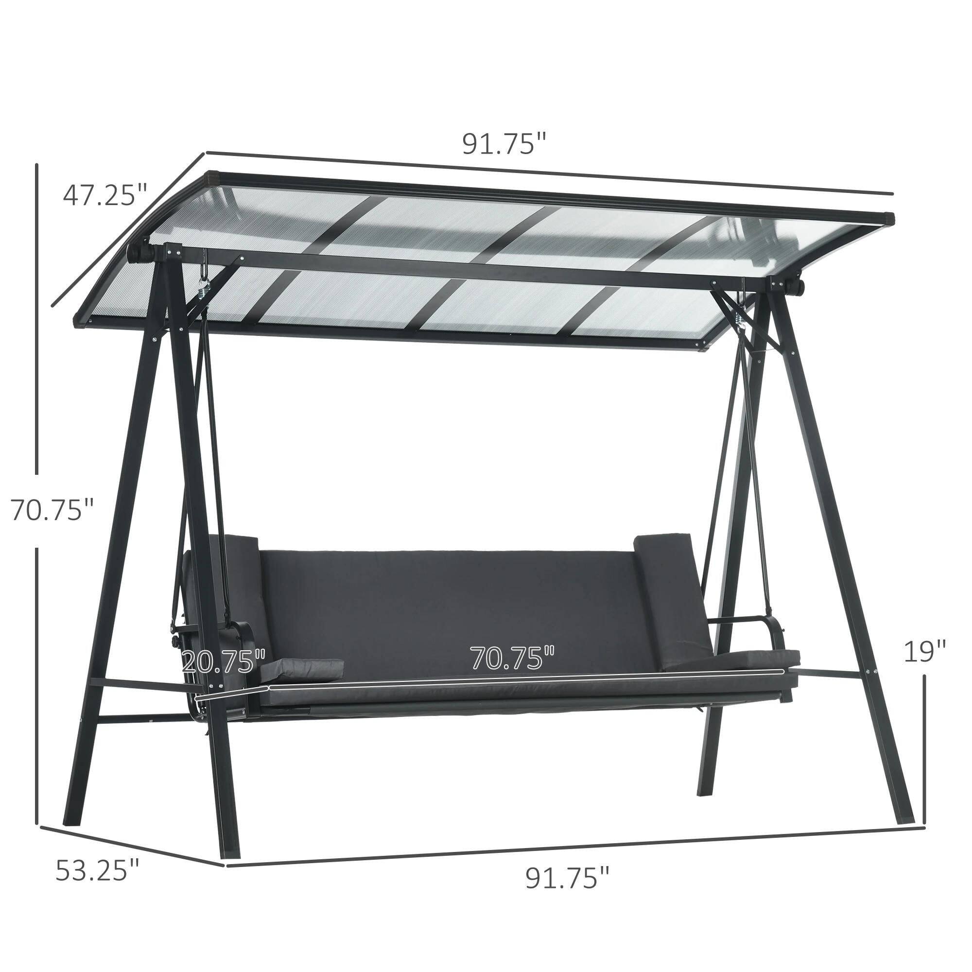 The dimensions of the product are as follows:

- Length: 91.75"
- Width: 47.25"
- Height: 70.75"
- Seat Height: 20.75"
- Seat Width: 70.75"
- Depth: 19"
- Overall Height: 53.25"
