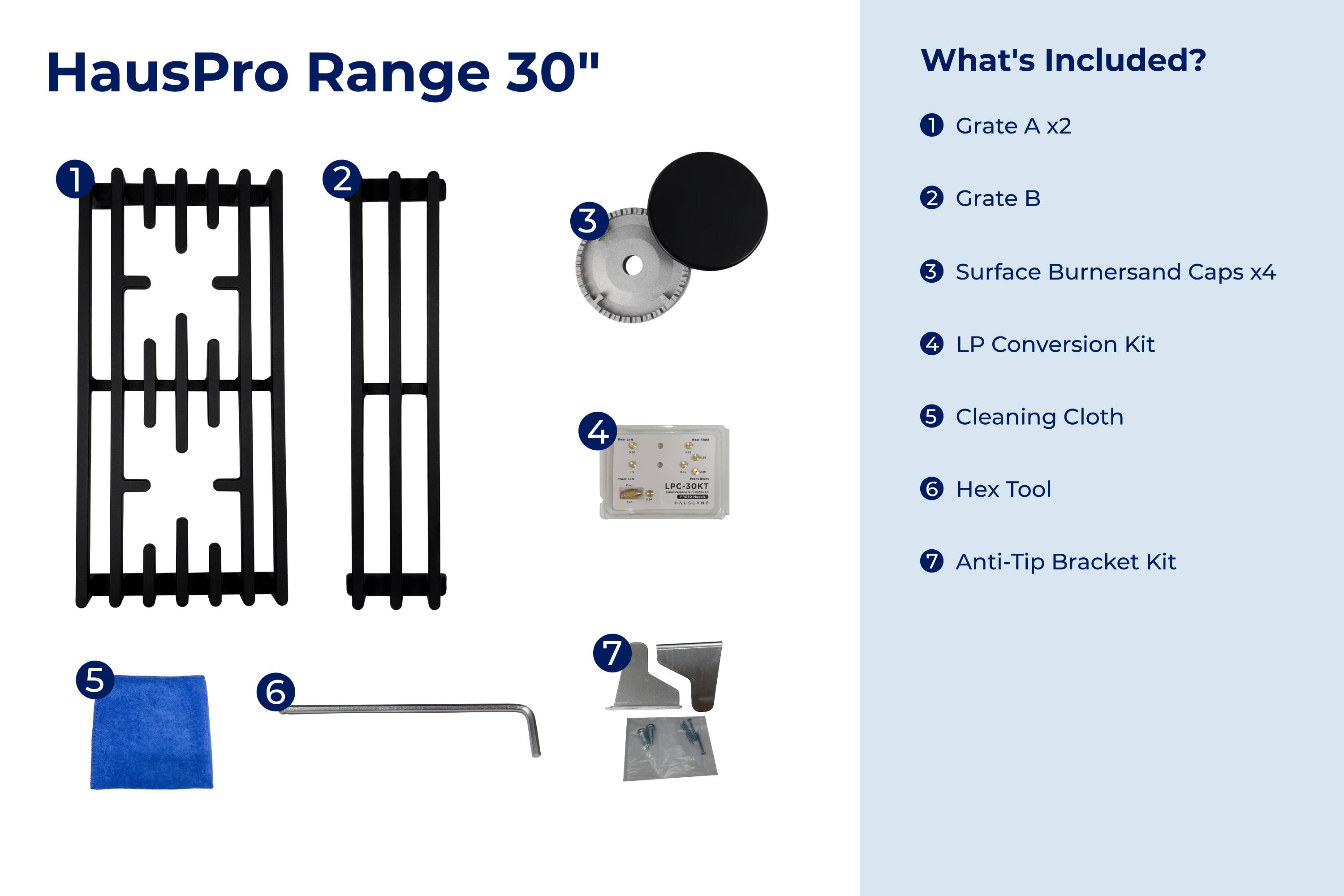 HausPro Range 30"  
What's Included?  
1. Grate A x2  
2. Grate B  
3. Surface Burners and Caps x4  
4. LP Conversion Kit  
5. Cleaning Cloth  
6. Hex Tool  
7. Anti-Tip Bracket Kit
