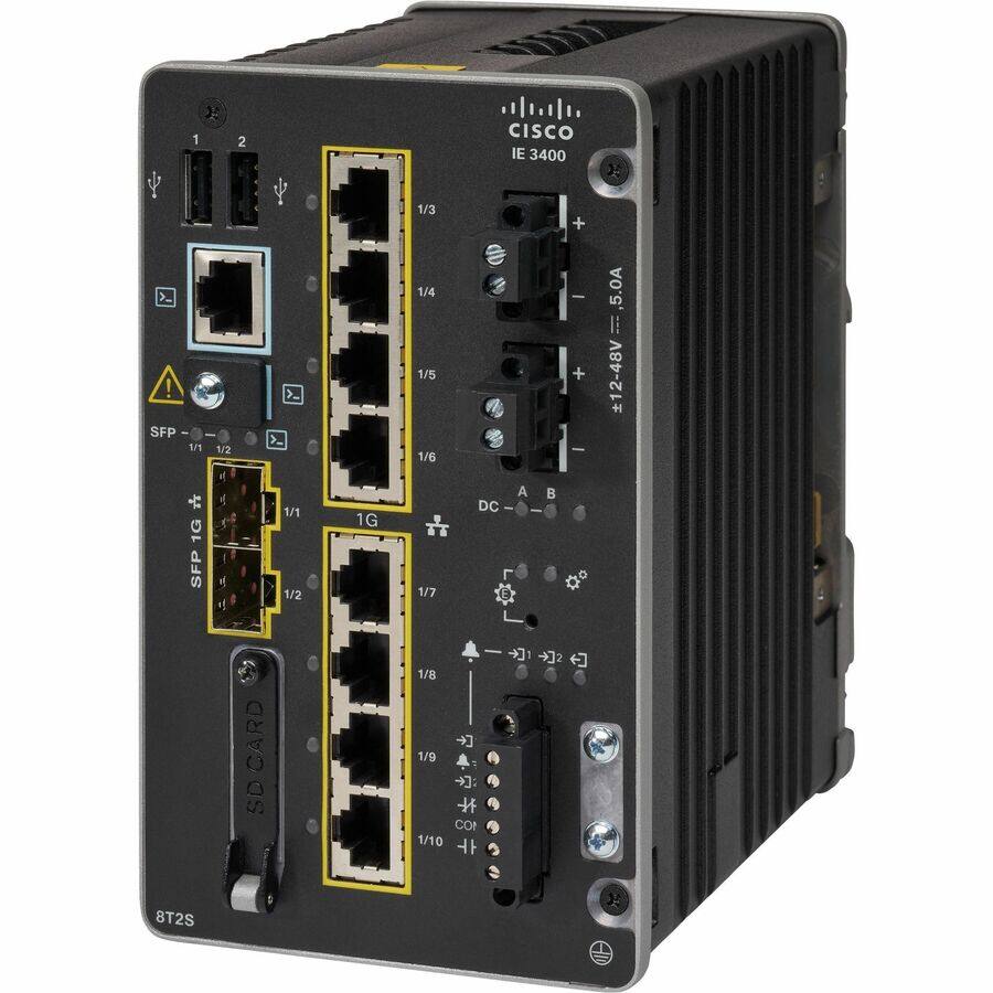 CISCO IE 3400

1/1 1/2 SFP 1G
1/3 1/4 1G
1/5 1/6 1G
1/7 1G
1/8
1/9 COI
1/10 COI

SFP 1G
SDCARD

DC - + 12-48V 5.0A

8T2S
