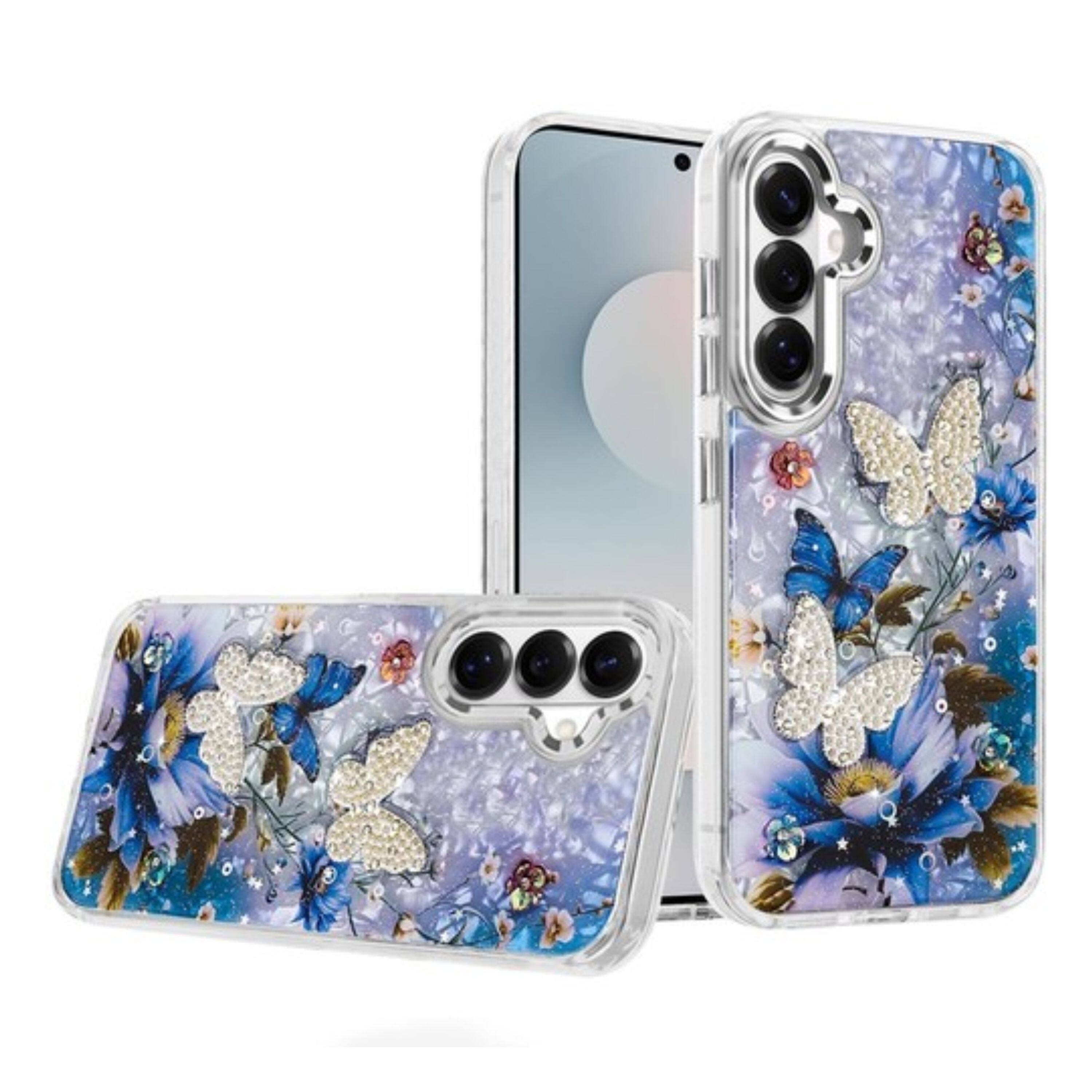Angle. Kitcheniva - Epoxy Glitter 3D Beaded Butterflies Design Phone Case With Tempered Glass For Samsung Galaxy S26 Color A - Multicolor.