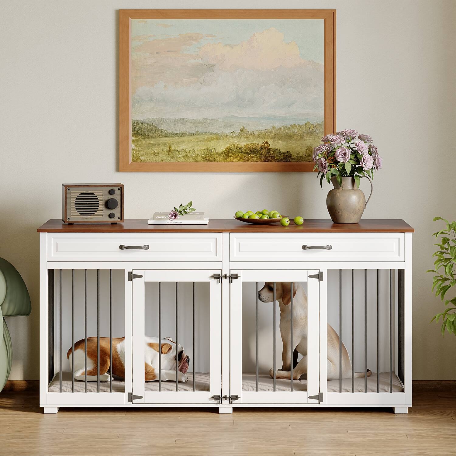 Left. Famapy - Luxury Dog Crate Furniture with Drawers Multi-Functional Indoor Pet Kennel, Stylish Dog Cage & TV Stand for Living Room.