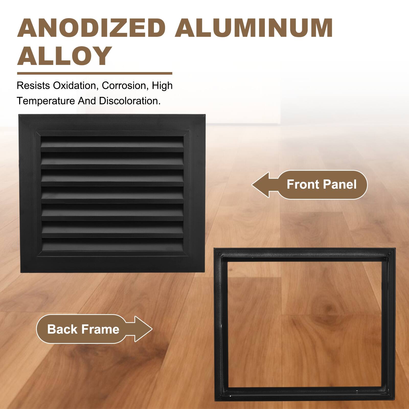 ANODIZED ALUMINUM ALLOY  
Resists Oxidation, Corrosion, High Temperature And Discoloration.  

Front Panel  
Back Frame