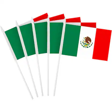 Front. G128 - 50-Pack Handheld Mexico Flags, 4 x 6 in, 150D Polyester with Plastic Stick and Spear Tip. - Assorted Colors.