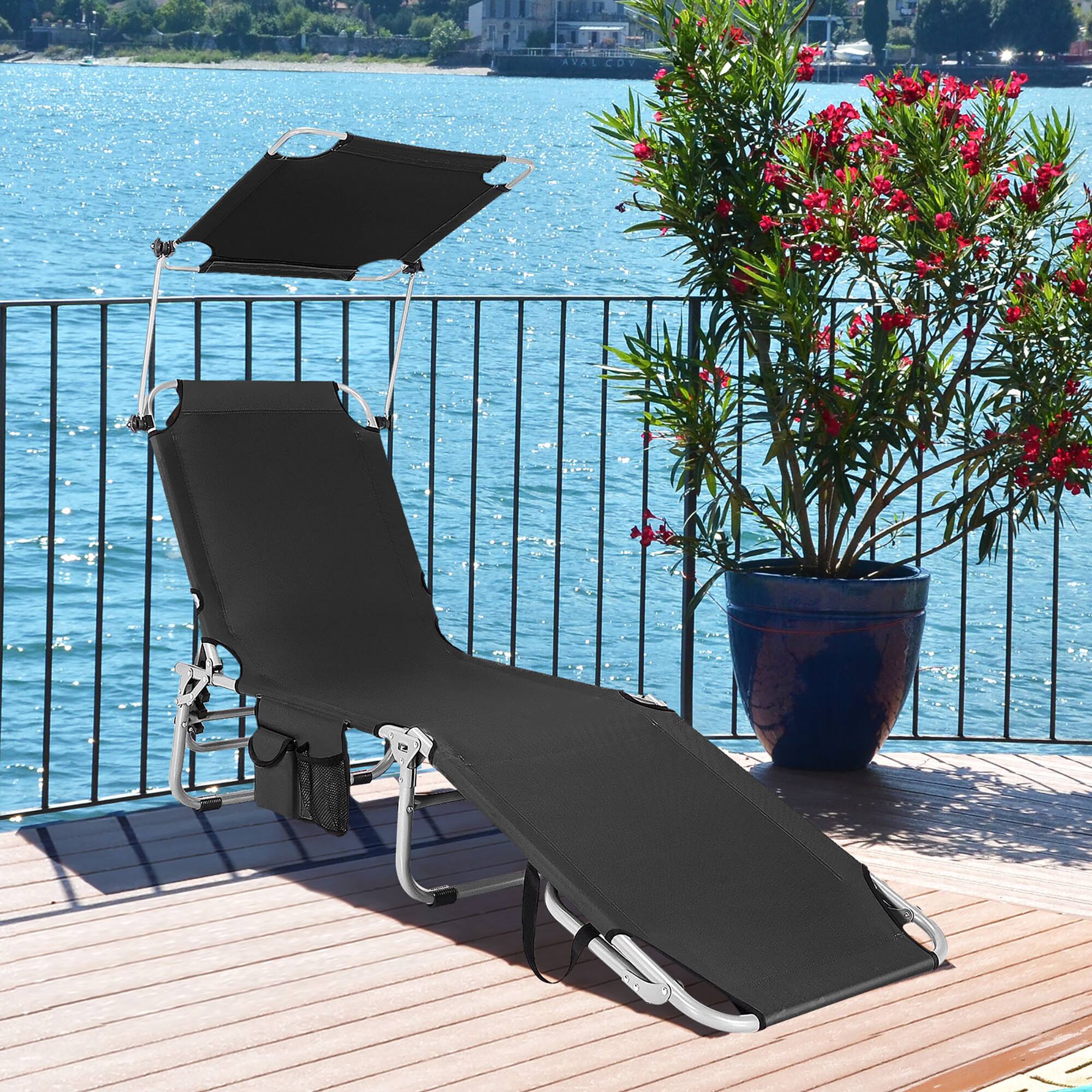 Alt View 1. Costway - Costway Foldable Sun Shading Lounge Chair Adjustable Beach Sunbathing Recliner W/Pocket - Black.