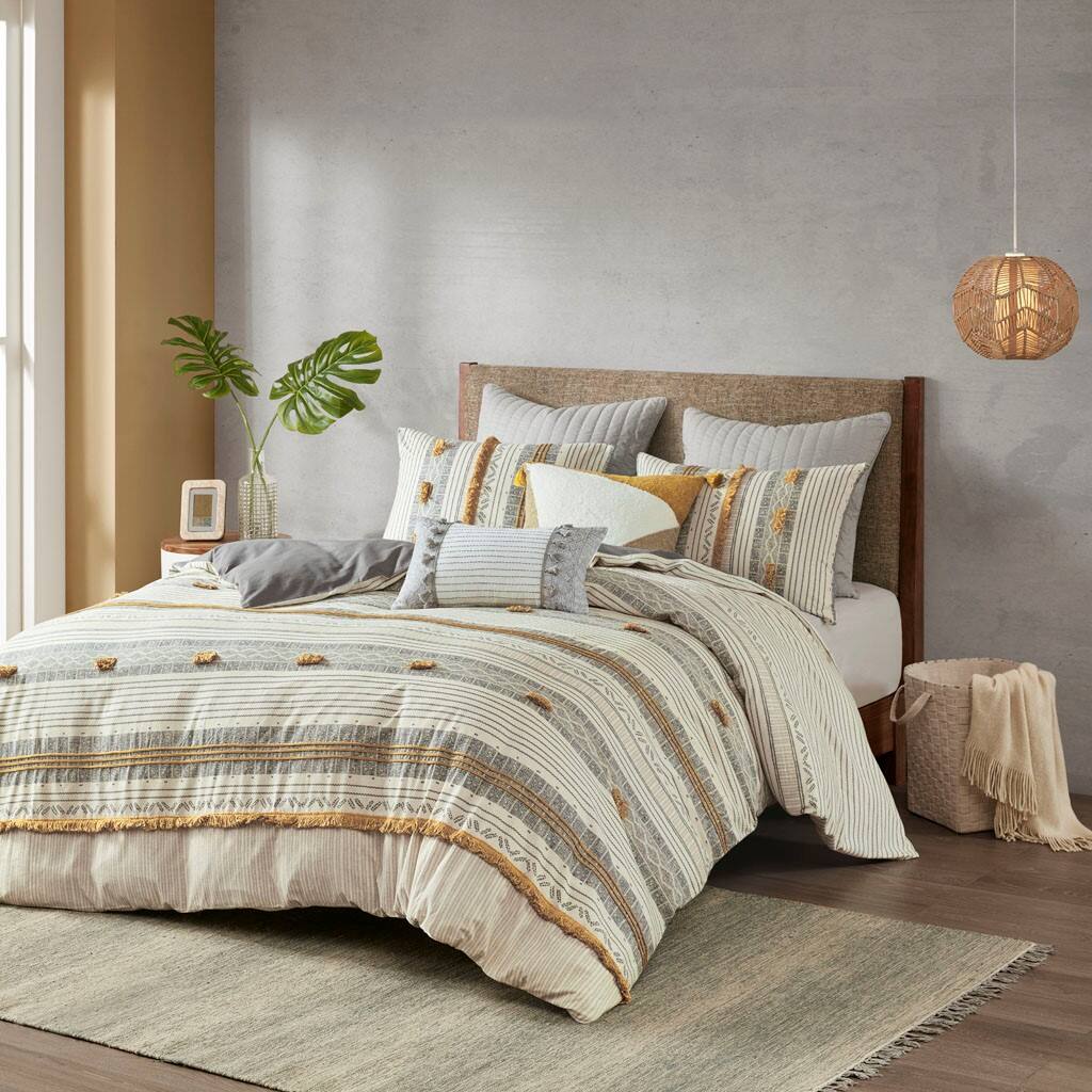 Alt View 1. Gracie Mills - Gracie Mills Belinda Serene Stripe 3-Piece Cotton Duvet Cover Set - Gray/Yellow.