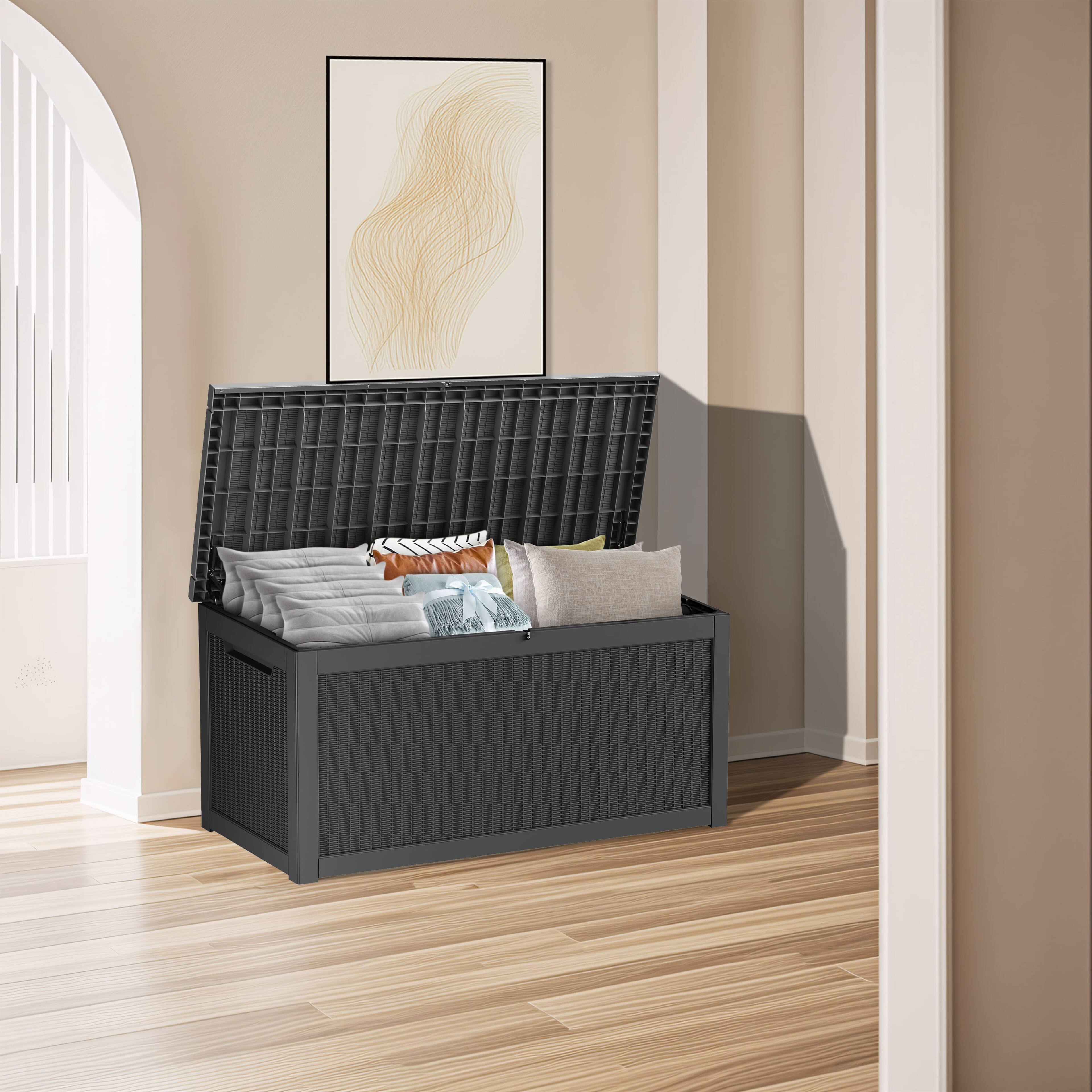 Angle. Decksplore - 320 Gal. Outdoor Resin Waterproof Deck Box with Lockable Lid - Black.