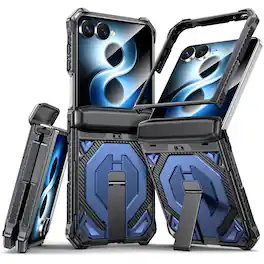Dteck - Heavy Duty Rugged Magnetic Case For Samsung Galaxy Z Flip8, Foldable Kickstand Shockproof Hinge Protection Cover - Blue