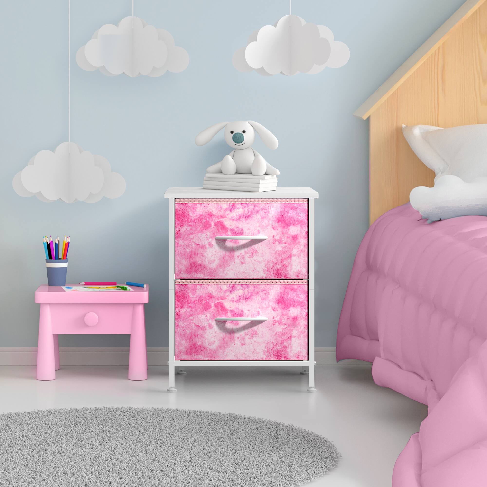 Angle. Sorbus - Sorbus Nightstand with 2 Drawers - Steel Frame, Wood Top &Fabric Bins -Home, Bedroom, Office &College Dorm, Kids Bedside - Tie dye pink.