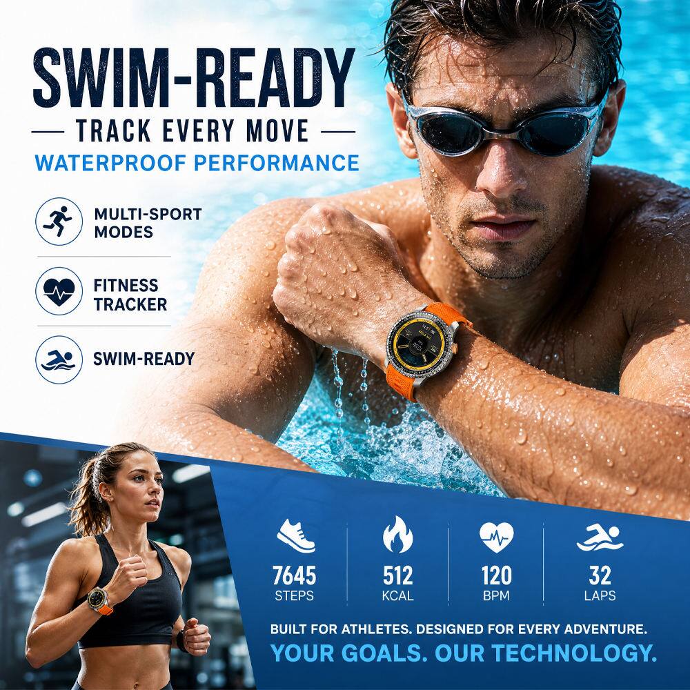 SWIM-READY  
TRACK EVERY MOVE  
WATERPROOF PERFORMANCE  
MULTI-SPORT MODES  
FITNESS TRACKER  
SWIM-READY  

7645 STEPS  
512 KCAL  
120 BPM  
32 LAPS  

BUILT FOR ATHLETES.  
DESIGNED FOR EVERY ADVENTURE.  
YOUR GOALS. OUR TECHNOLOGY.