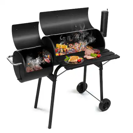 Front. Winado - 24in Portable Barrel Charcoal Grill, Offset Smoker with Side Table and Wheels for Outdoor Grilling, Backyard Cooking - Black.