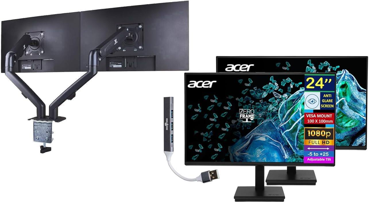 Acer - Vero V7 V247 Gbmipx 24" FHD IPS Monitor, HDMI, VGA, (UM.QV7AA.G05) 2 Pack w/DKZ Hub & Ergoflexy Dual Mount Arm - Black