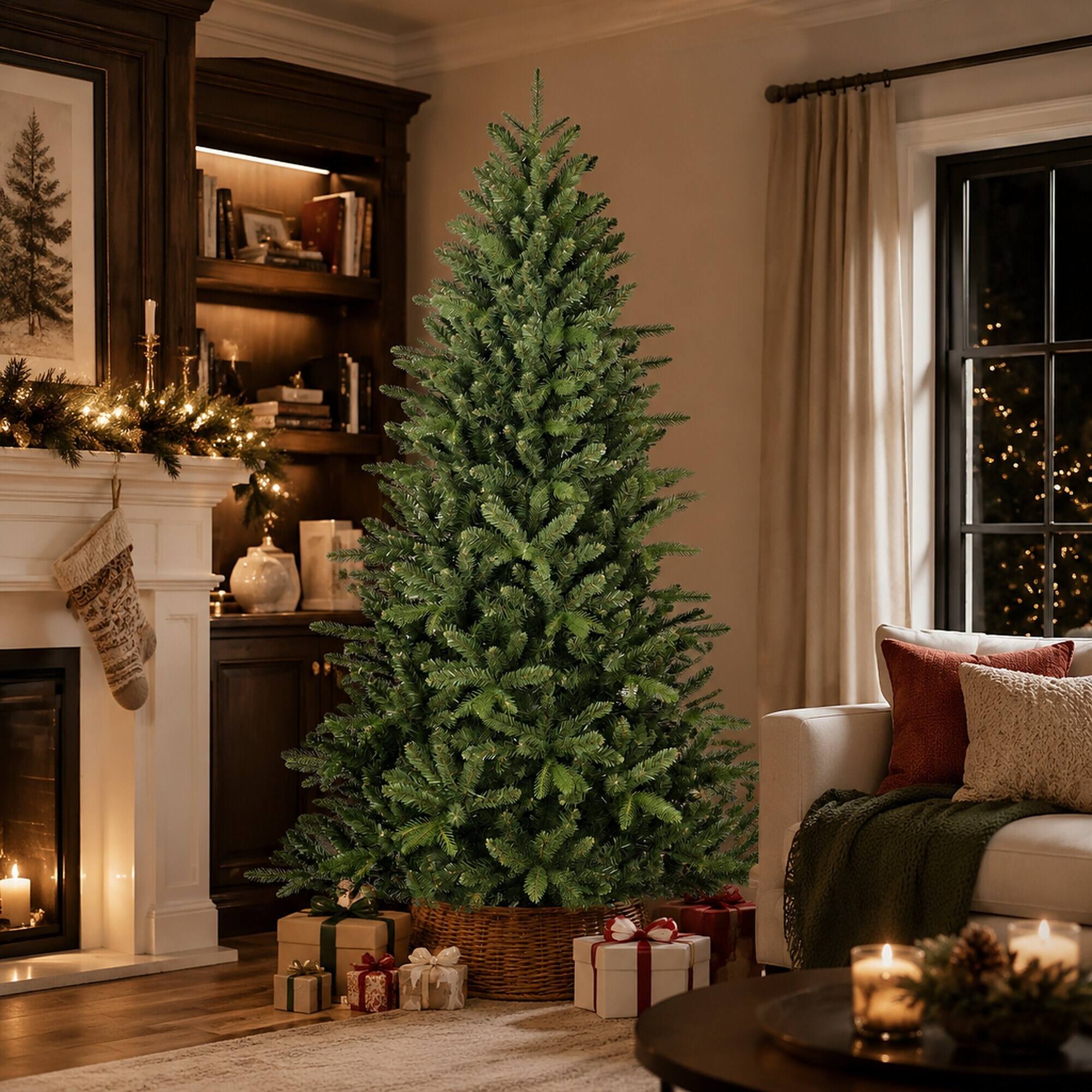 Left. RYHNUYNE - 6Ft Artificial Christmas Tree, 1168 Branch Tips Full Lush Hinged Pine Mixed Needles Easy Assembly - Green.