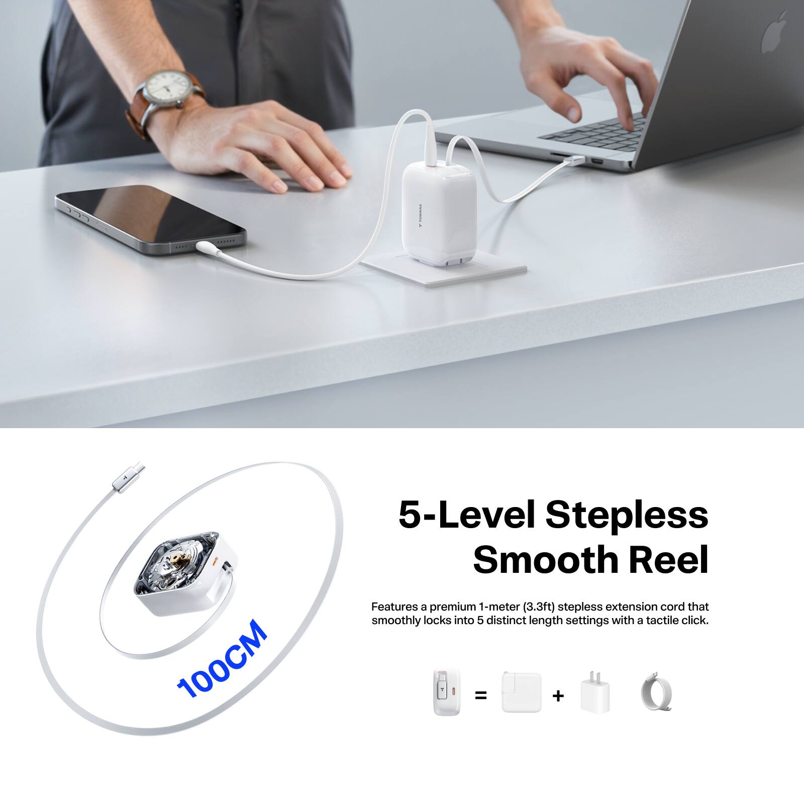 100CM 5-Level Stepless Smooth Reel Features 3 premium 1-meter (3.3ft) stepless extension cord that smoothly locks into 5 distinct length settings with a tactile click.